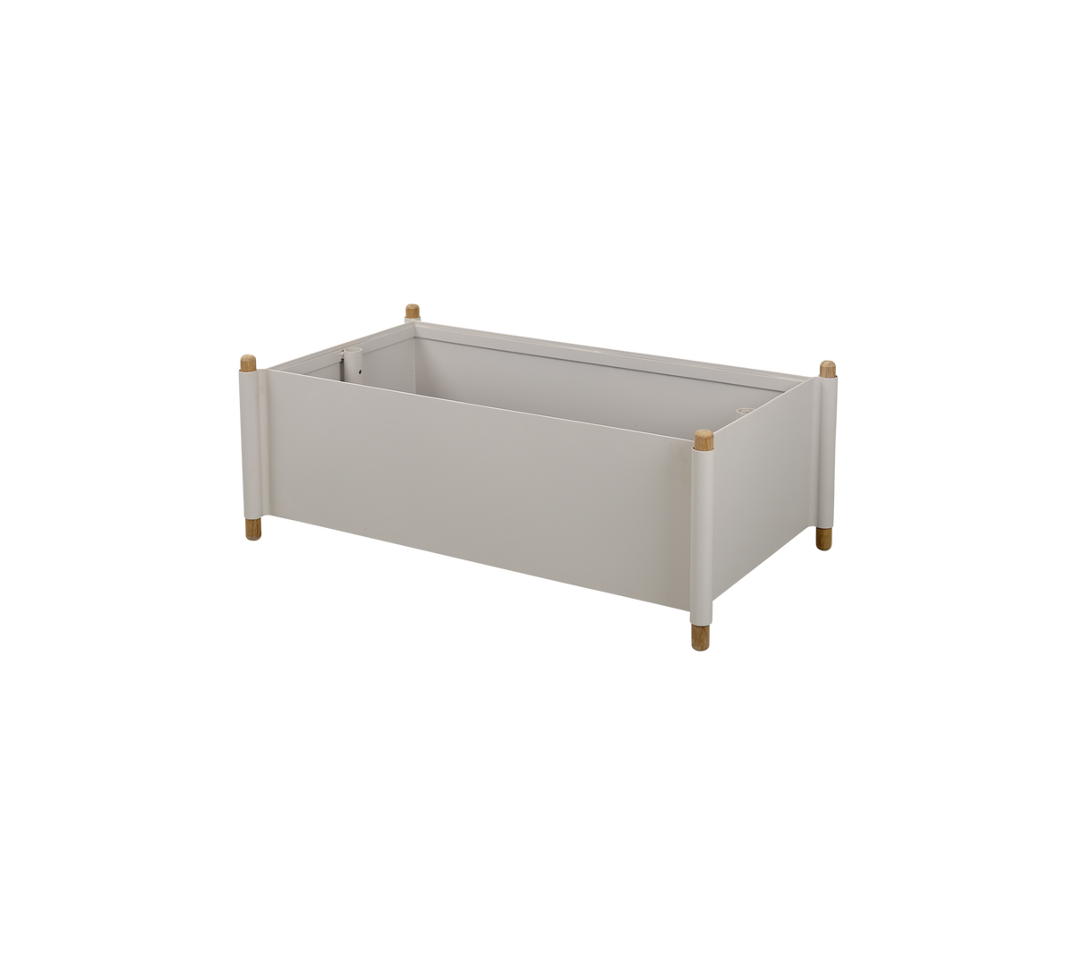 Ljusgrå förvaringslåda med träben och minimalistisk design, lämplig för organisering av olika föremål.