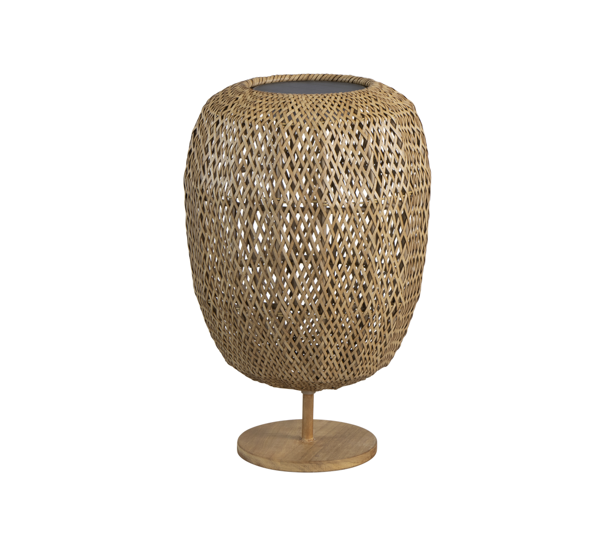 Vävd lampa i naturfiber med en rund form och en stabil bas som ger en stilren touch till alla inredningar.