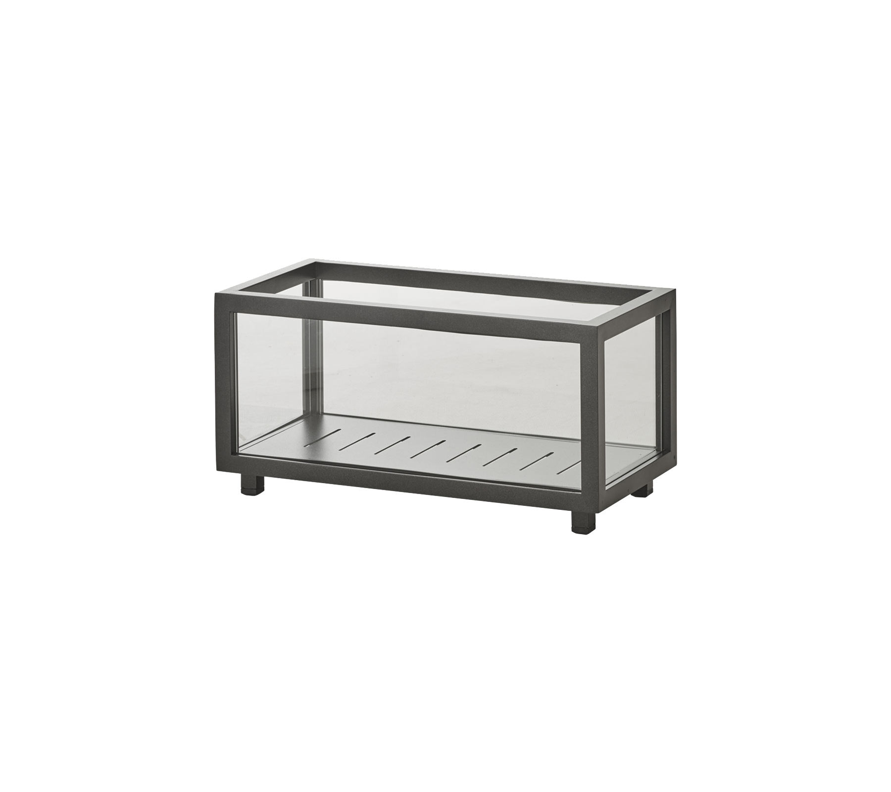 Rektangulär glasmonter med en stilren metallram, som har en skårad bas för att effektivt visa föremål.