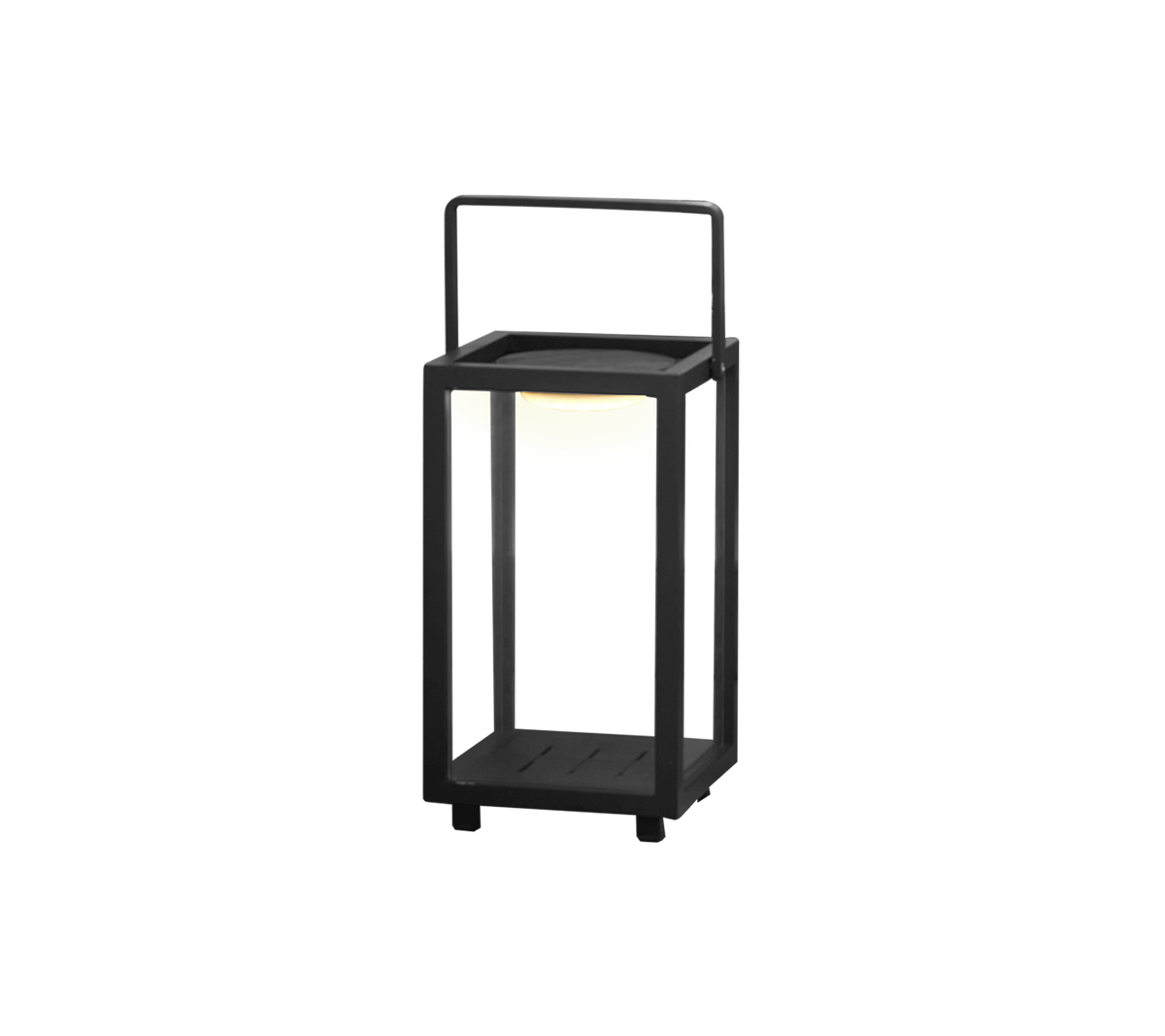 En modern LED-lampdesign med en fyrkantig ram och handtag, med ett mjukt ljus i mitten.