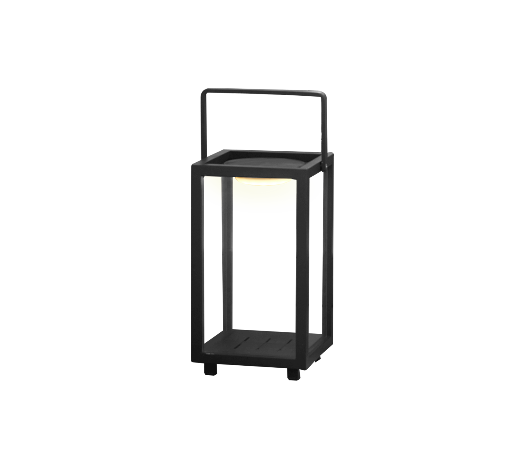 En modern LED-lampdesign med en fyrkantig ram och handtag, med ett mjukt ljus i mitten.