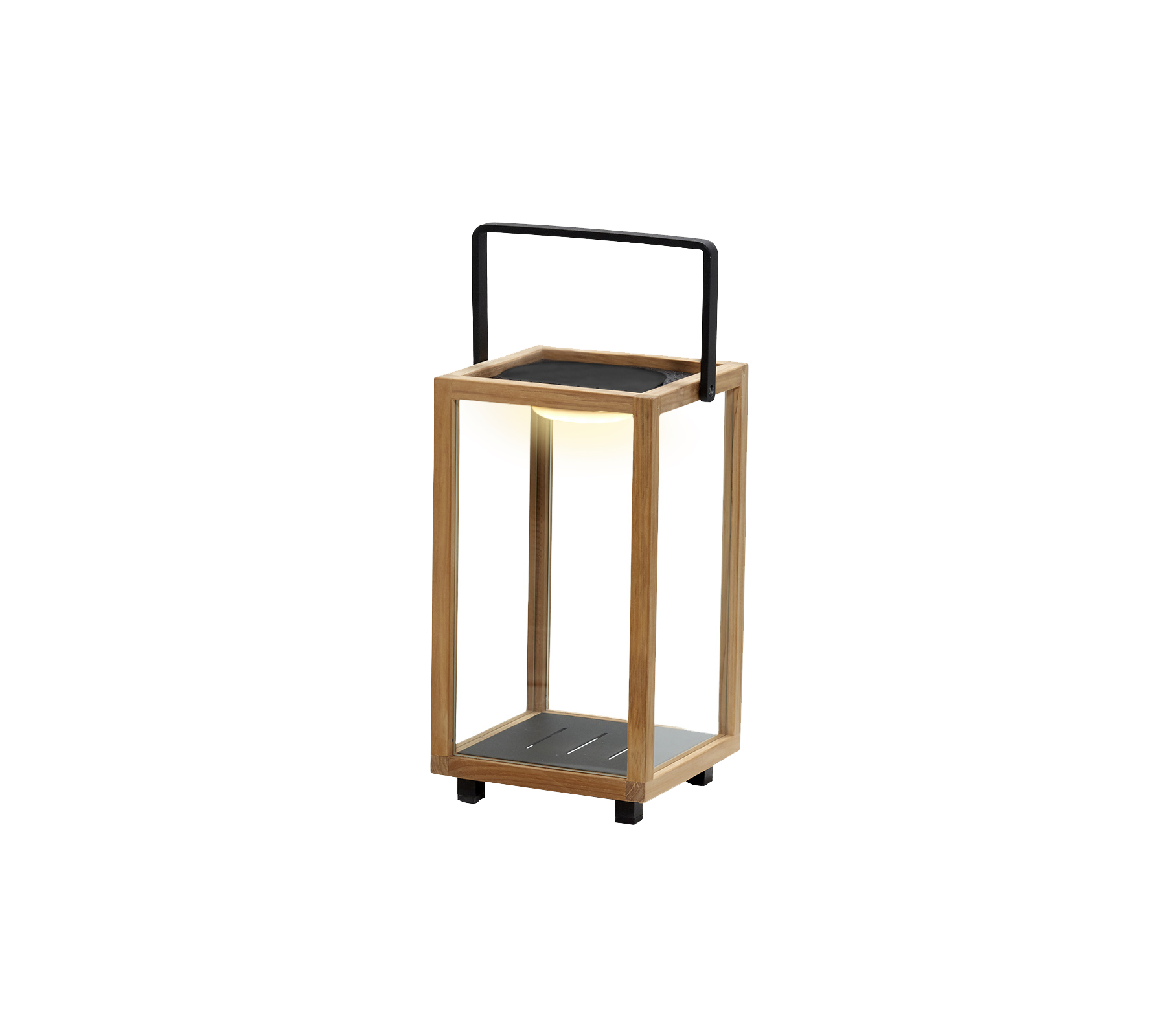 En stilren lykta i trä och metall, med ett integrerat LED-ljus i designet, perfekt för att skapa stämning.