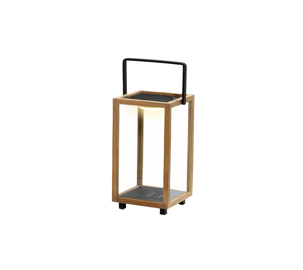 En stilren lykta i trä och metall, med ett integrerat LED-ljus i designet, perfekt för att skapa stämning.