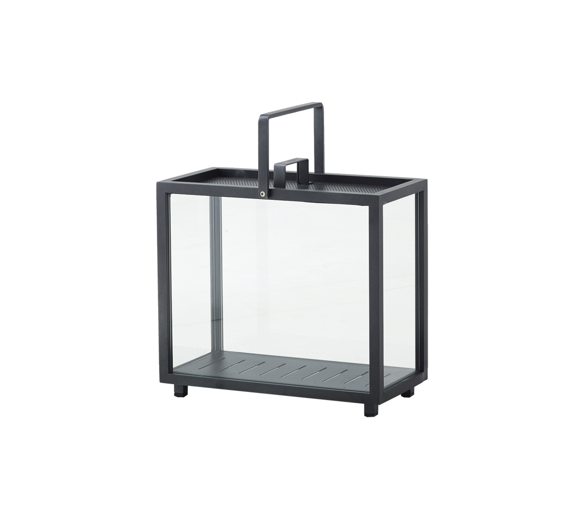 En dekorativ lykta med glasbehållare och metallram, med ett handtag för enkel bärning. Ideal för att hålla ljus eller lampor.