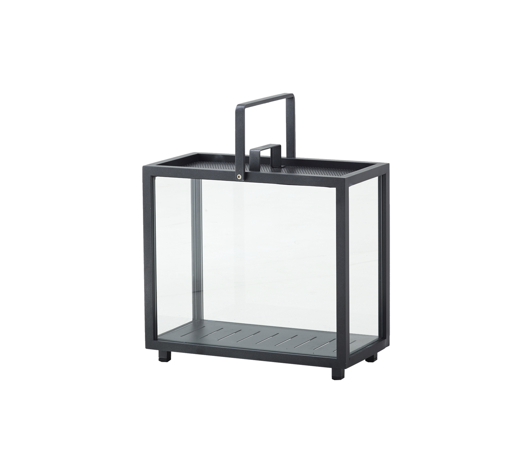 En dekorativ lykta med glasbehållare och metallram, med ett handtag för enkel bärning. Ideal för att hålla ljus eller lampor.