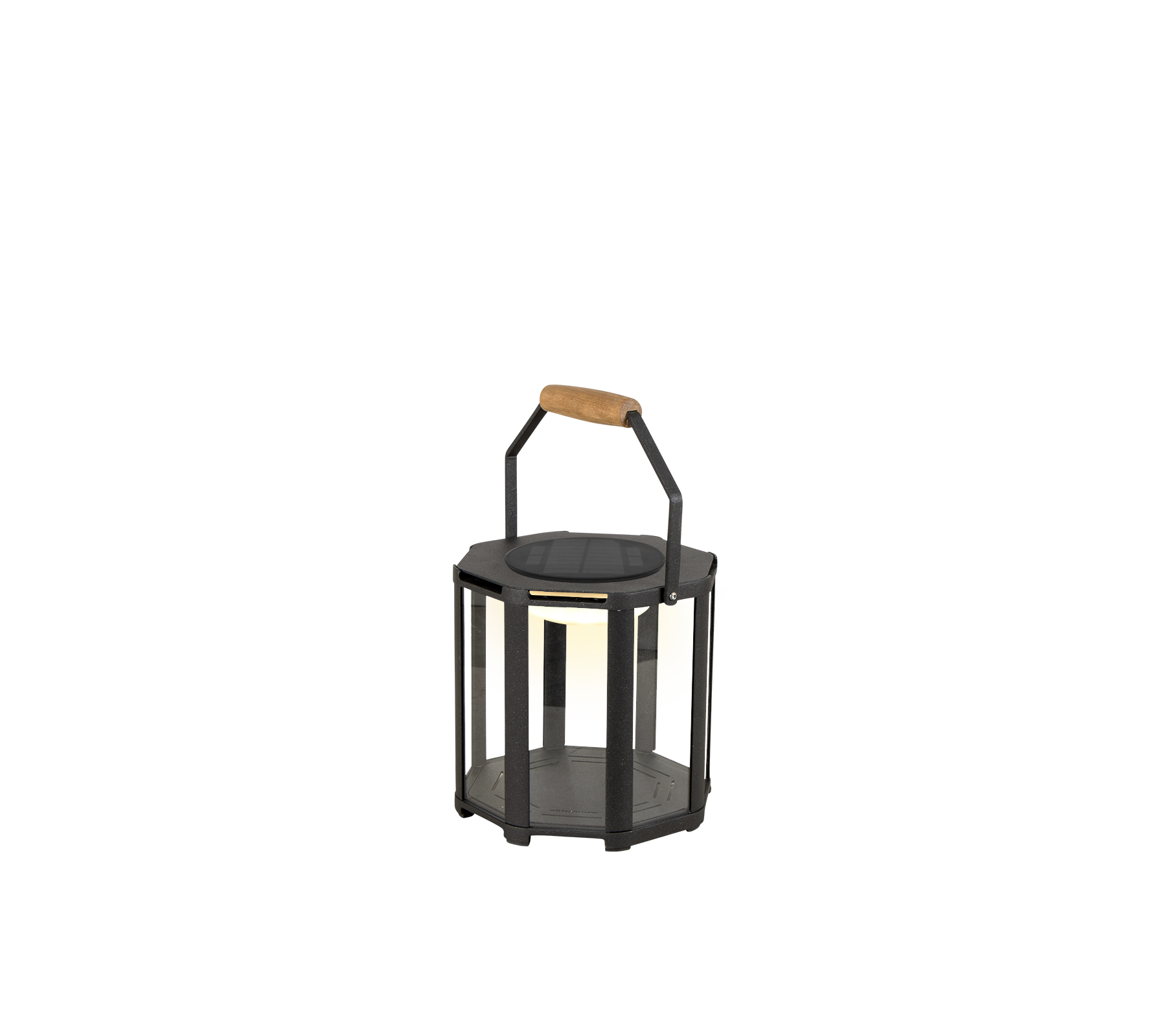 En stilren lykta med en svart metallram och ett handtag i trä, designad med LED-belysning för en modern touch.