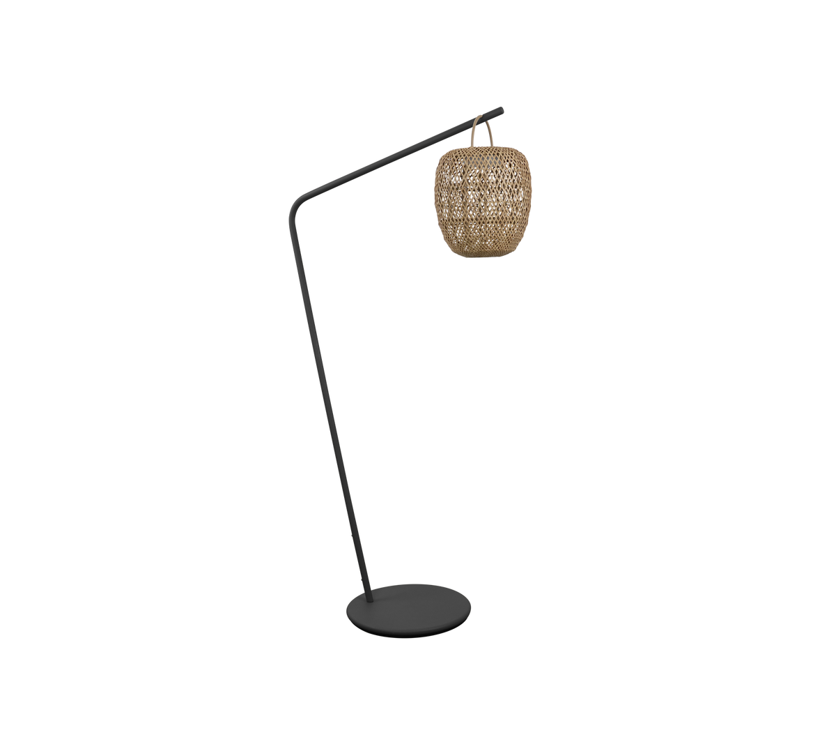 En stilig golvlampa med en böjd design och en vävd skärm, perfekt för att ge ett modernt inslag till ditt rum.