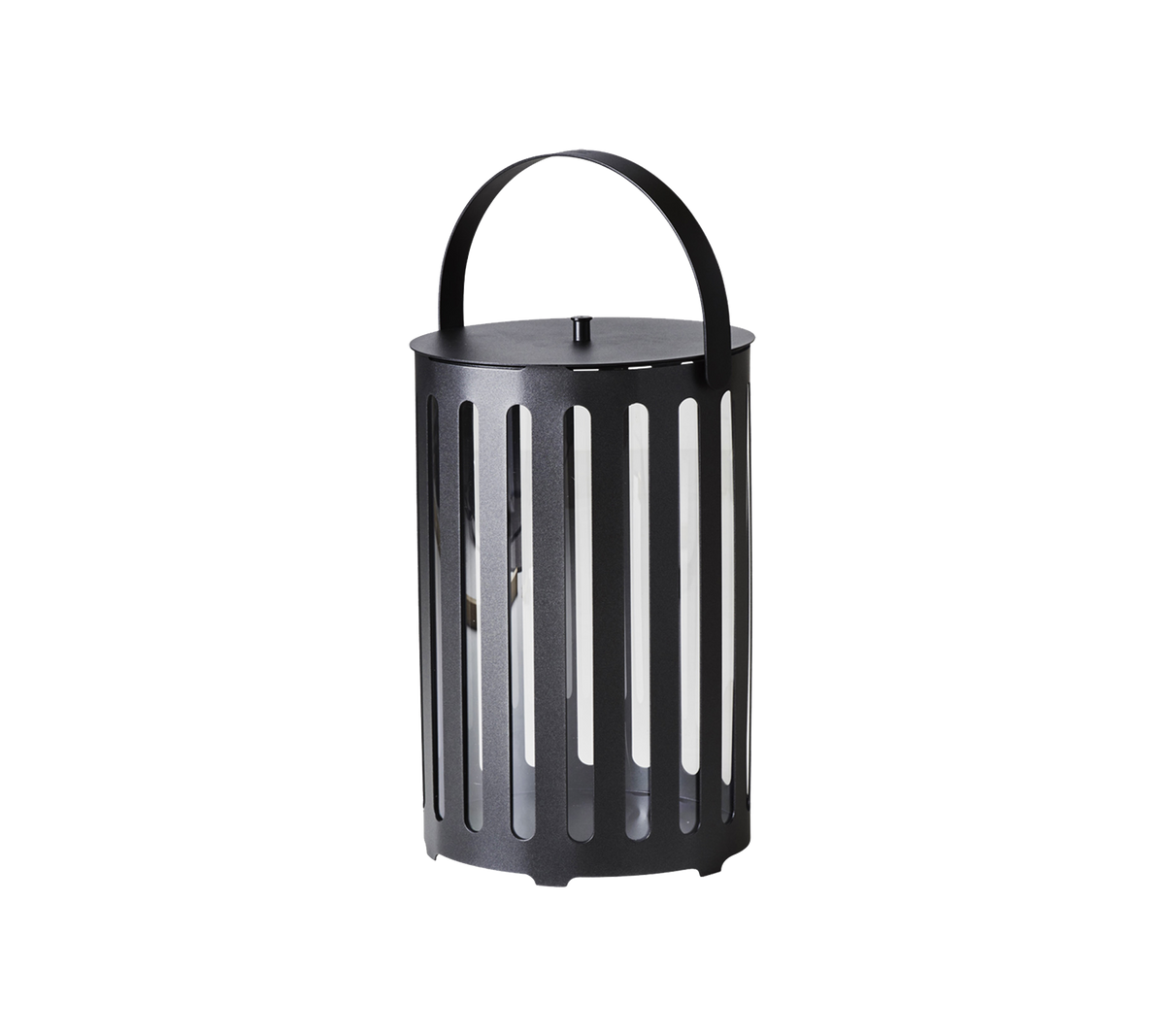 Svart metallampa med vertikala spjäll och ett handtag, designad för dekorativ belysning.