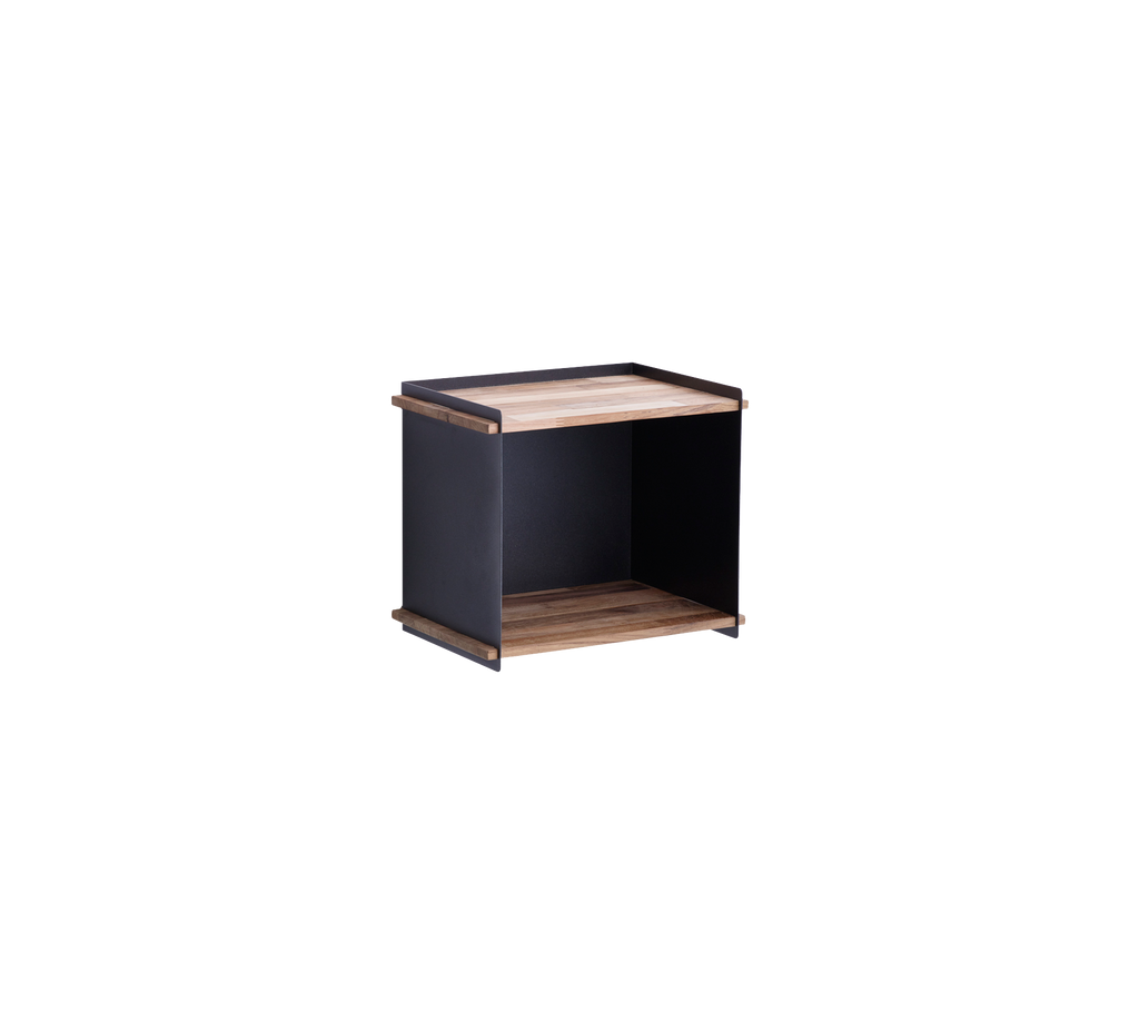 Stylish storage unit featuring a wooden top and contrasting black sides, ideal for organizing and enhancing any space.