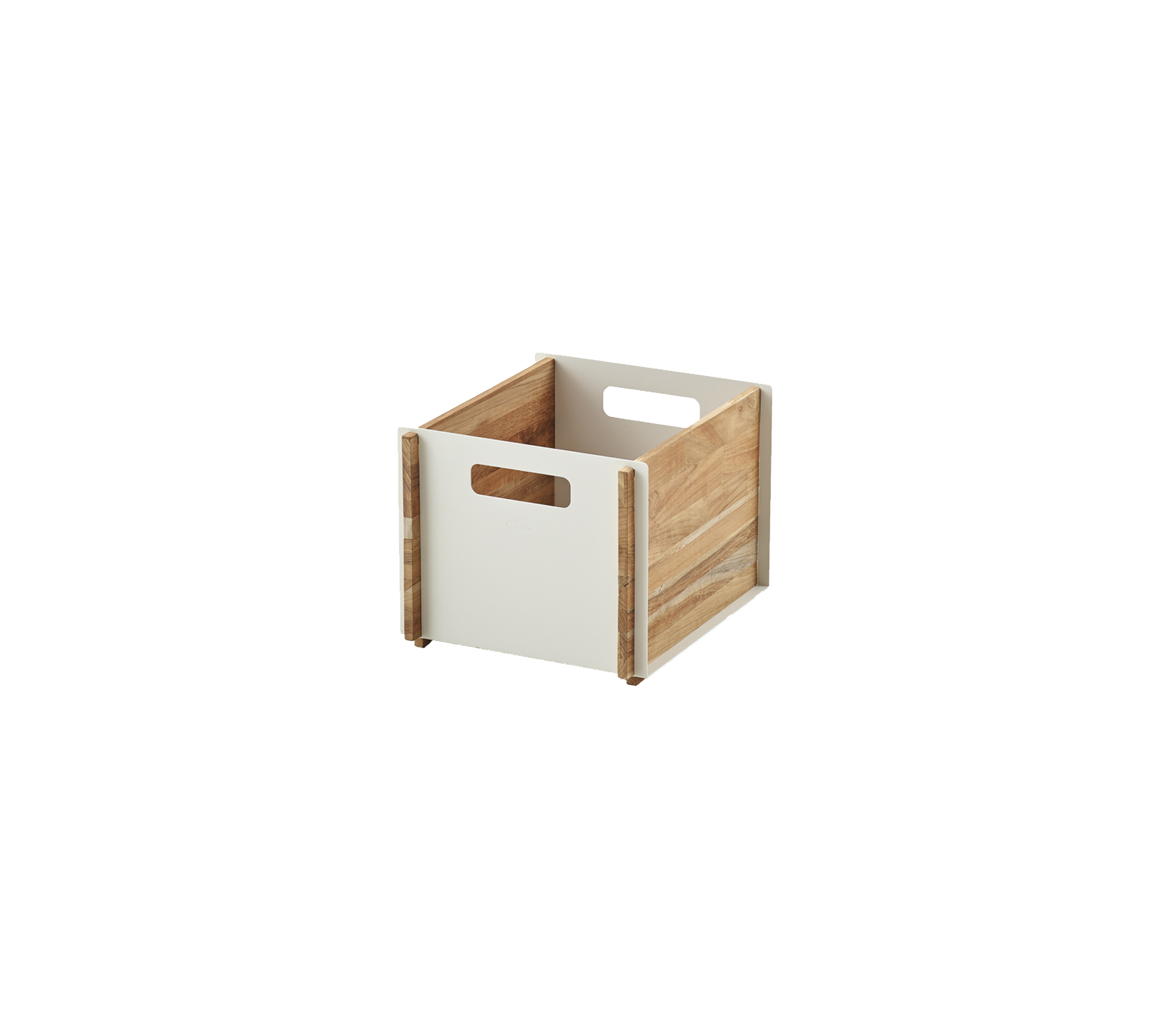 Trälåda med en ljus frampanel och naturliga träsidor, utrustad med urtagna handtag för enkel bäring.