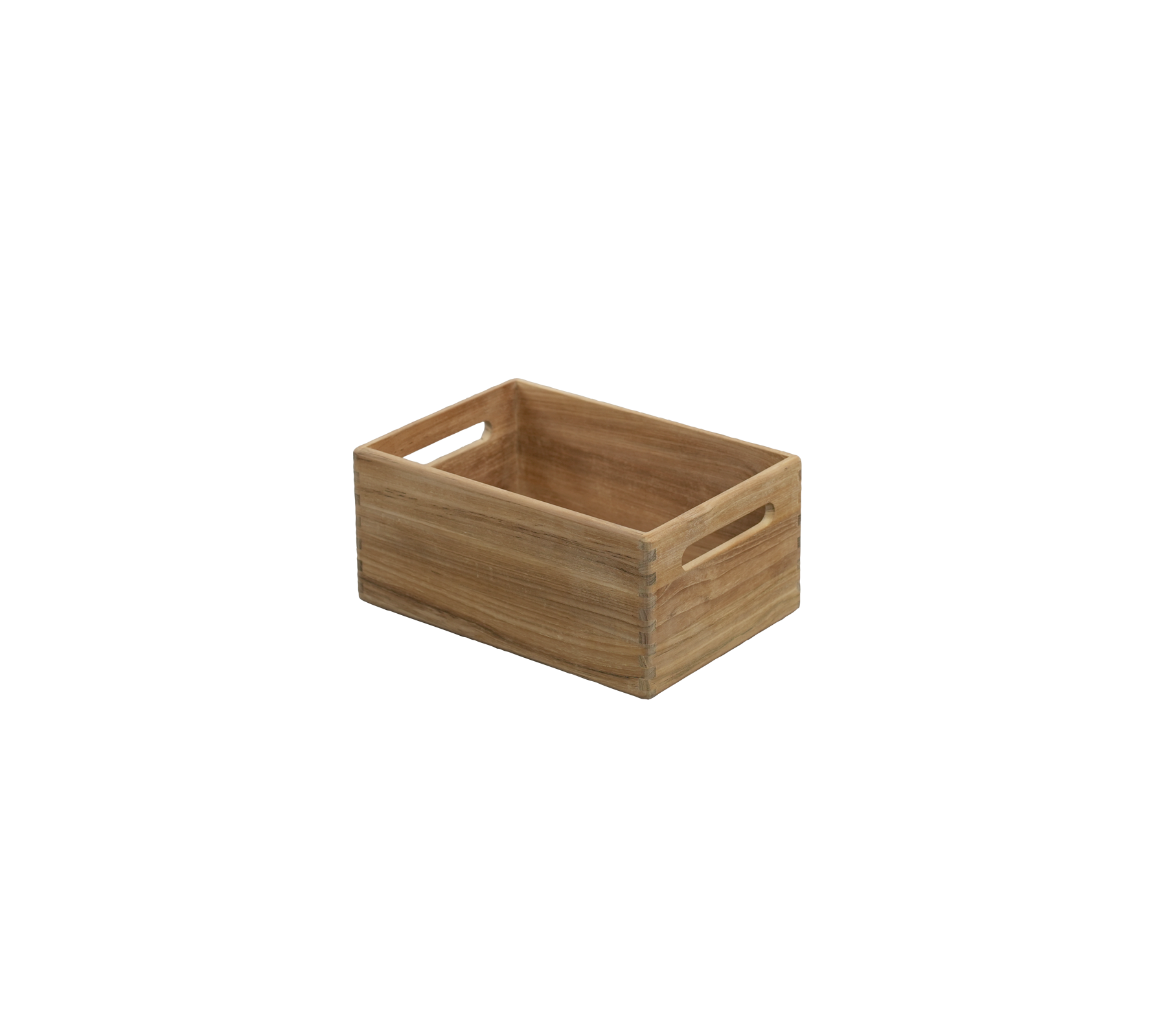 Teaklåda med urgröppta handtag.