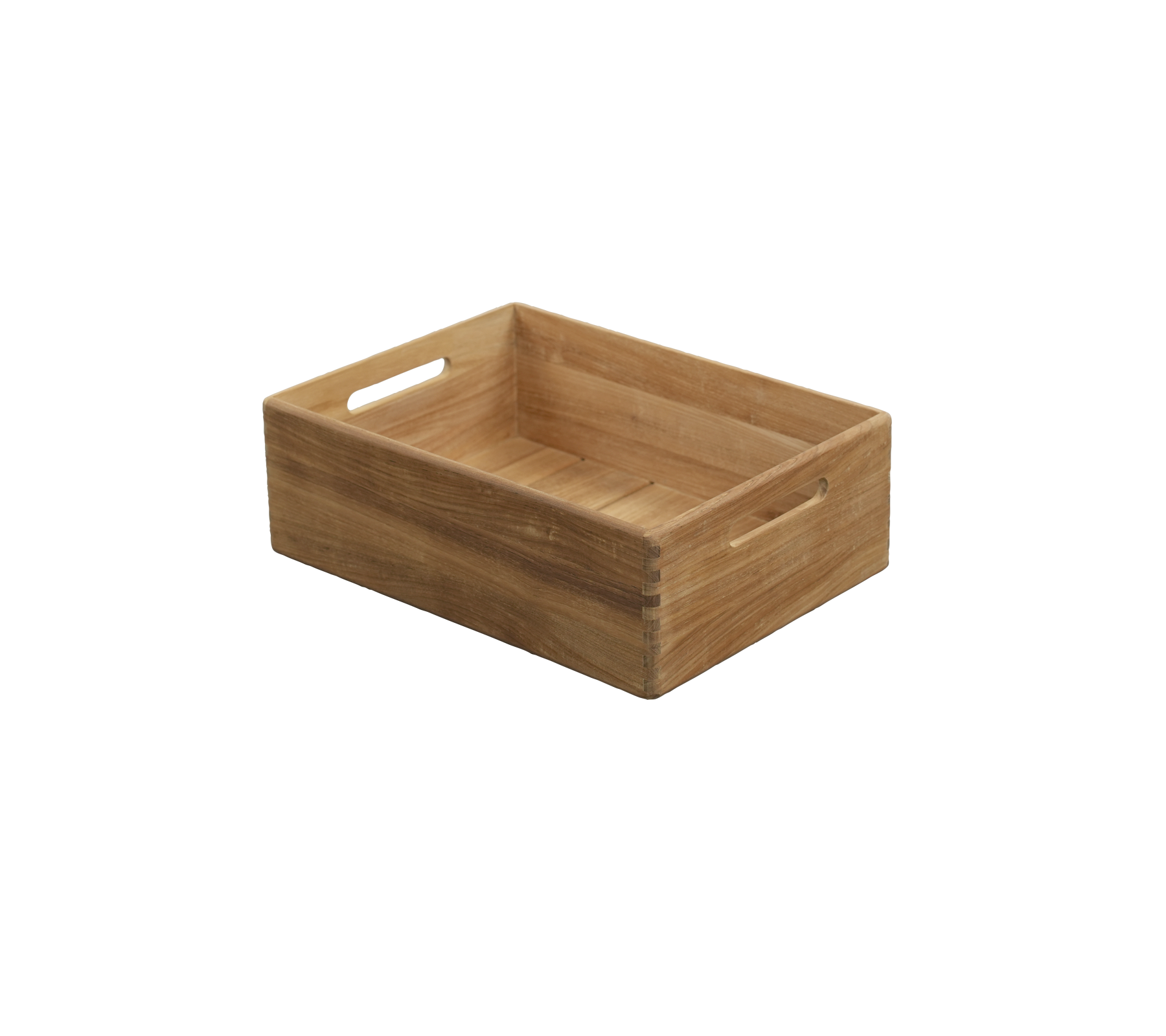 Teakbricka med inbyggda handtag, med en enkel och funktionell design.