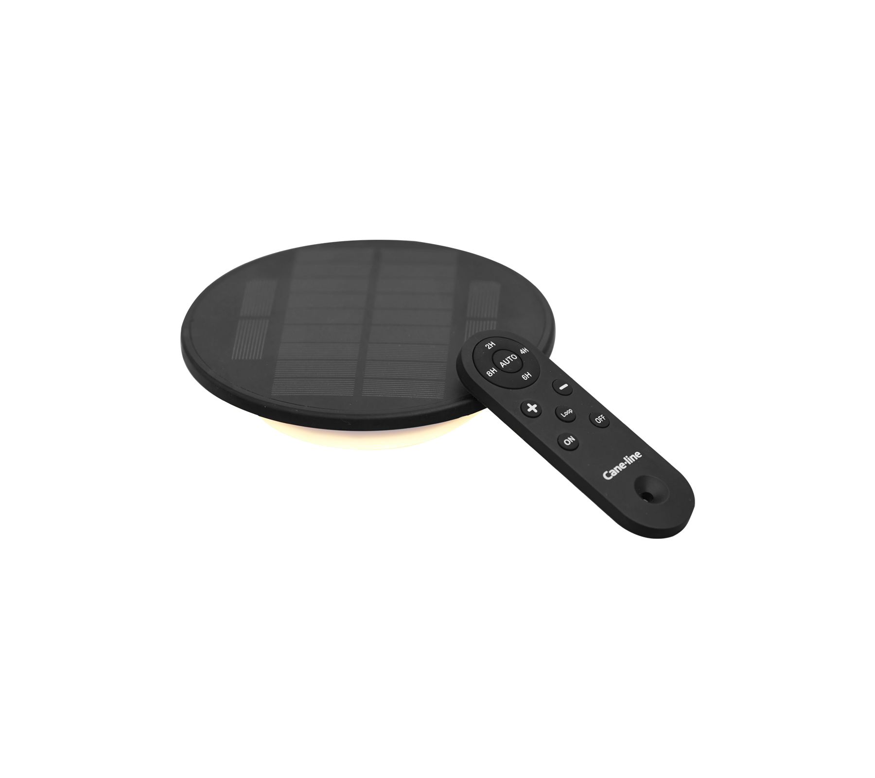 Svart solcell LED-lampa med rund form och en fjärrkontroll för justerbara inställningar.