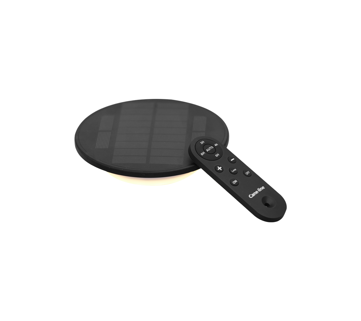 Svart solcell LED-lampa med rund form och en fjärrkontroll för justerbara inställningar.