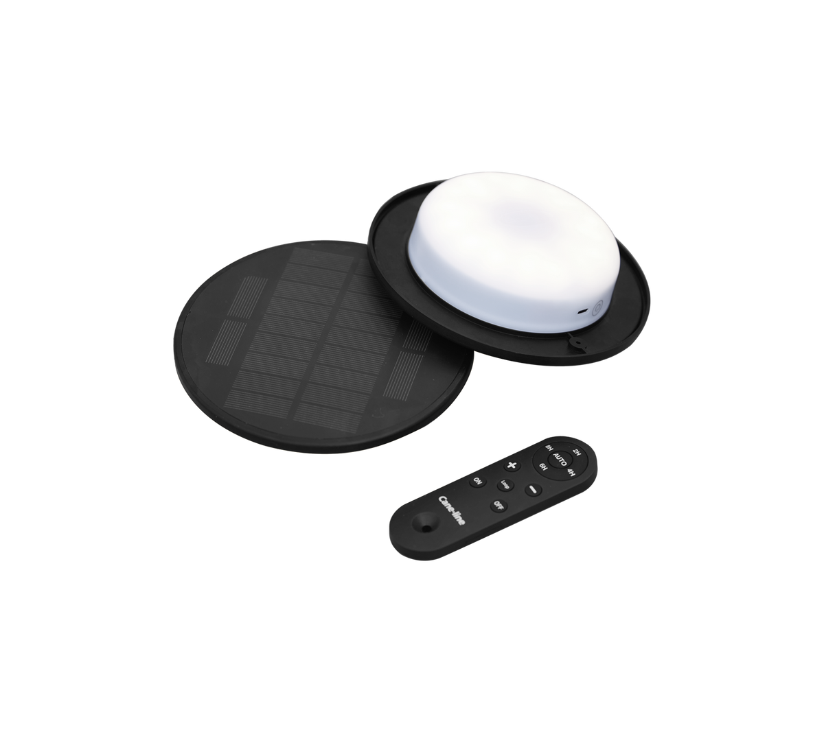Solcellseldriven LED-lampa med en rund vit lampa, en svart solpanel och en fjärrkontroll för drift.