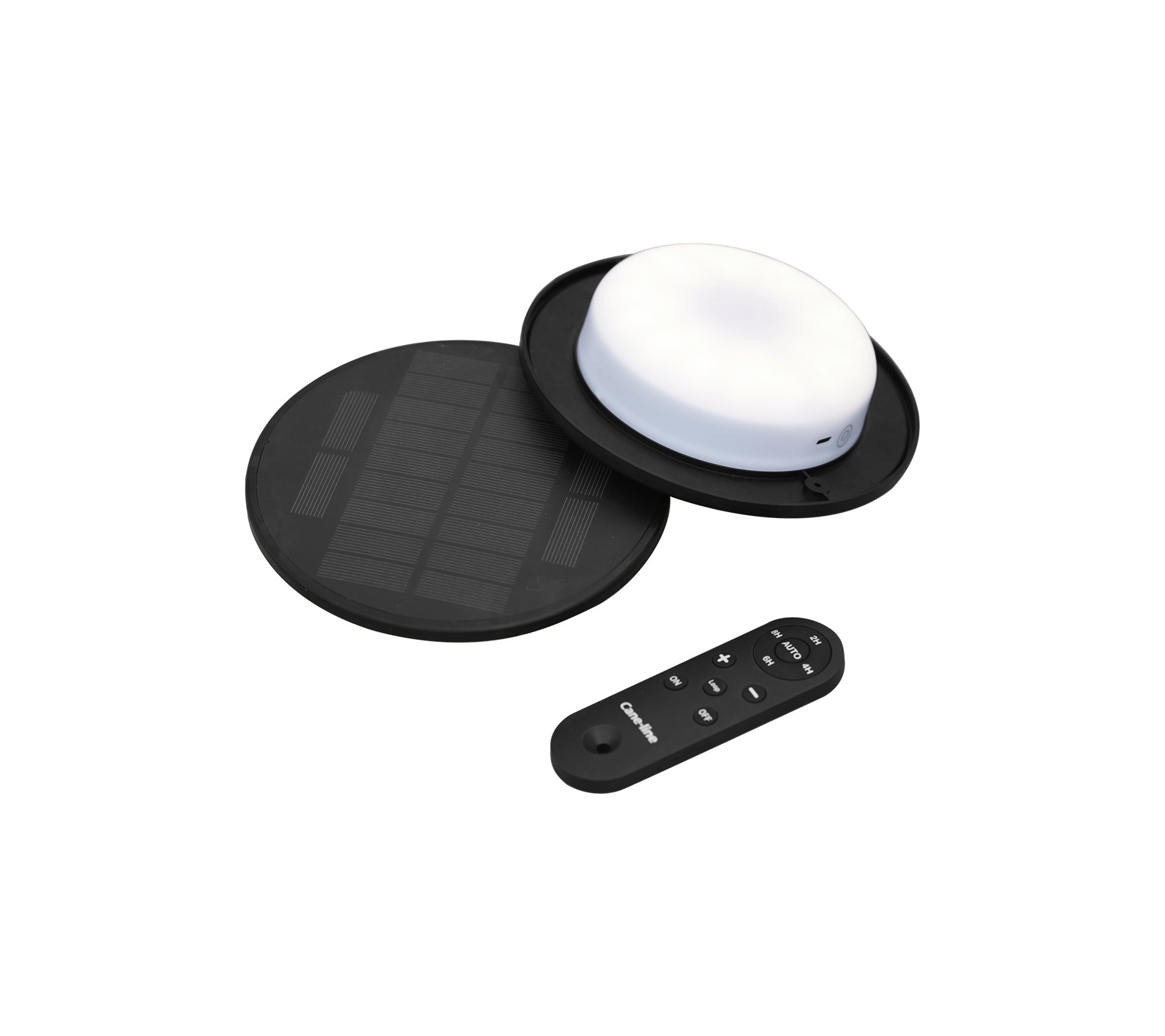 Solcellseldriven LED-lampa med en rund vit lampa, en svart solpanel och en fjärrkontroll för drift.