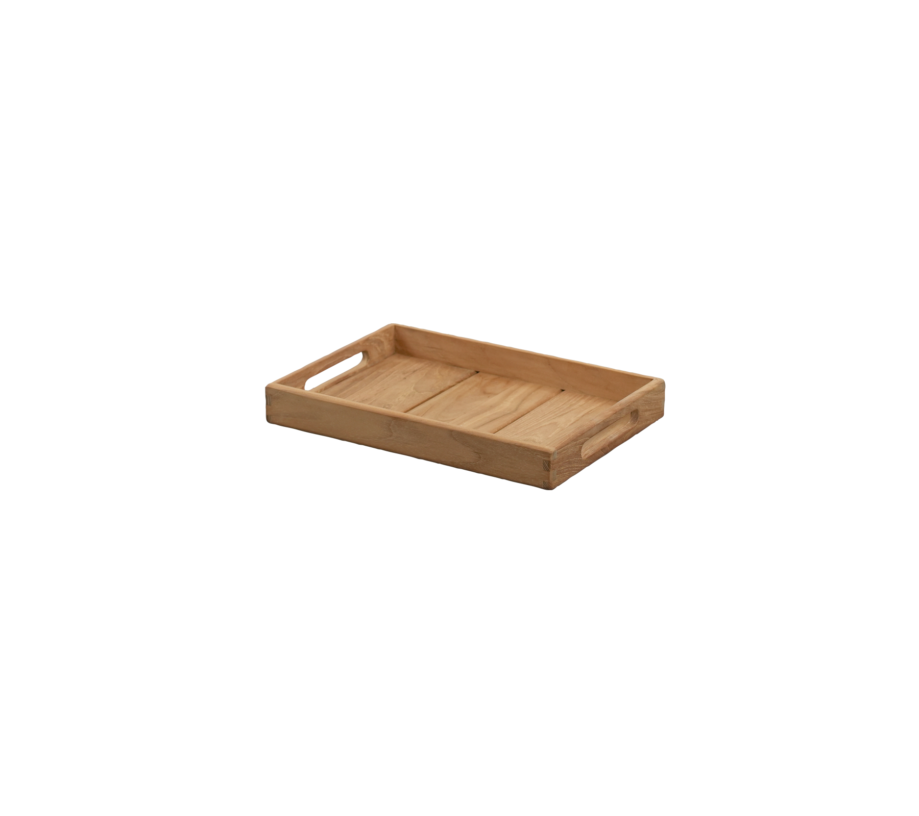 Rektangulär bricka i teak med handtagssidor.