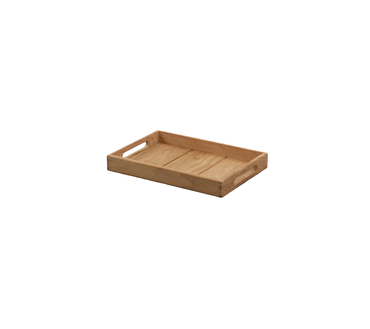 Rektangulär bricka i teak med handtagssidor.