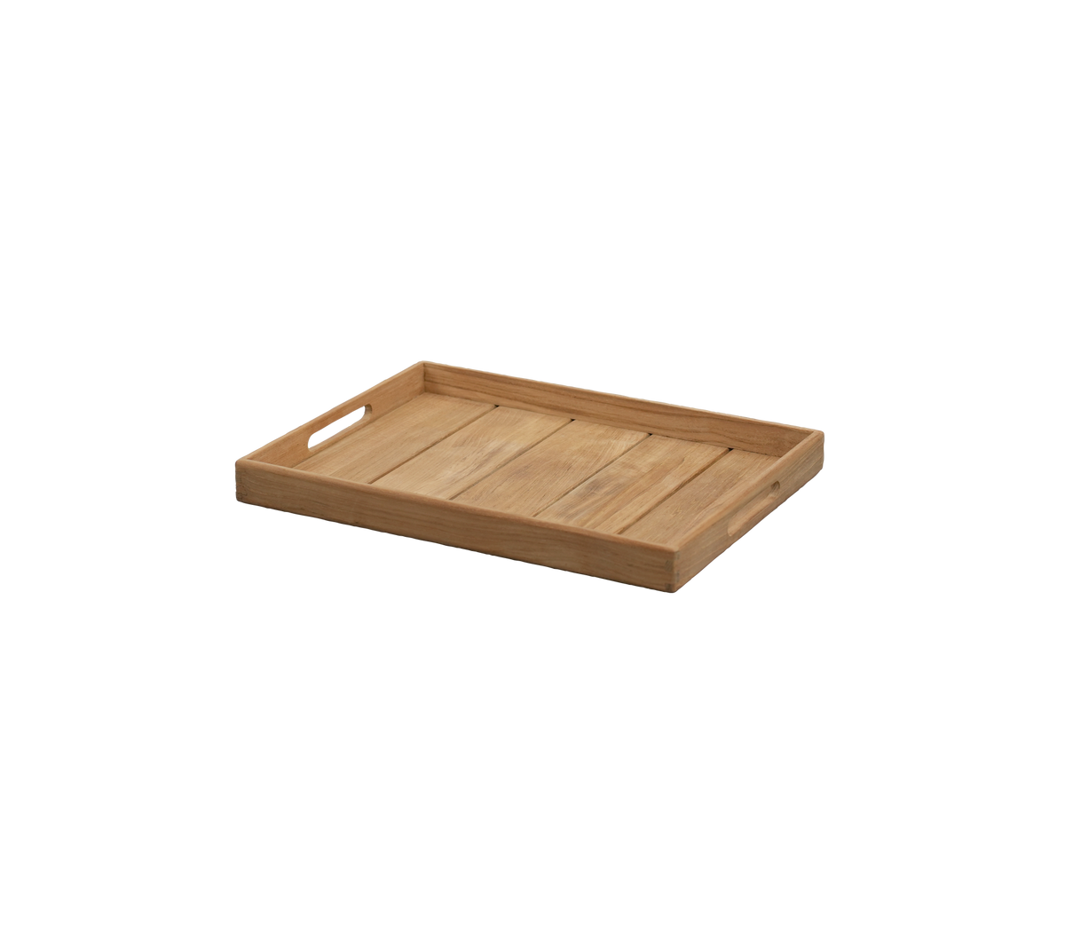 Teakbricka med utskurna handtag och en enkel design.
