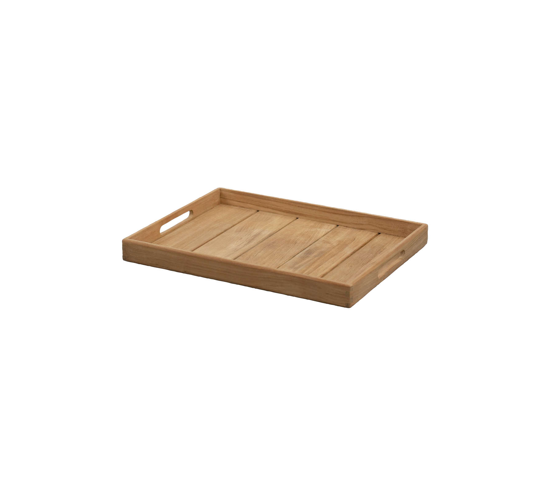 Teakbricka med utskurna handtag och en enkel design.