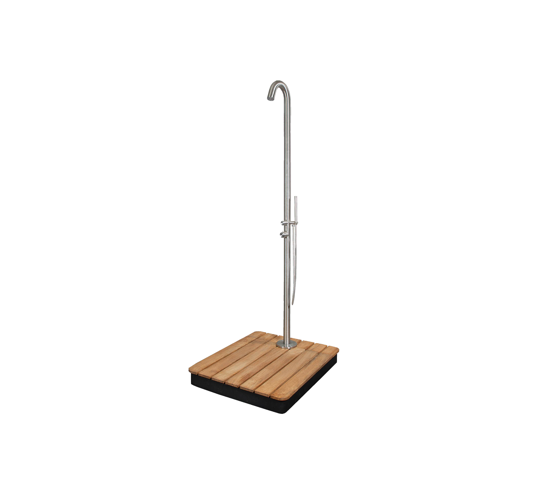 Stilren utomhusdusch med en sleek design, utrustad med en stadig bas och ett högt, böjt duschhuvud för en elegant look.