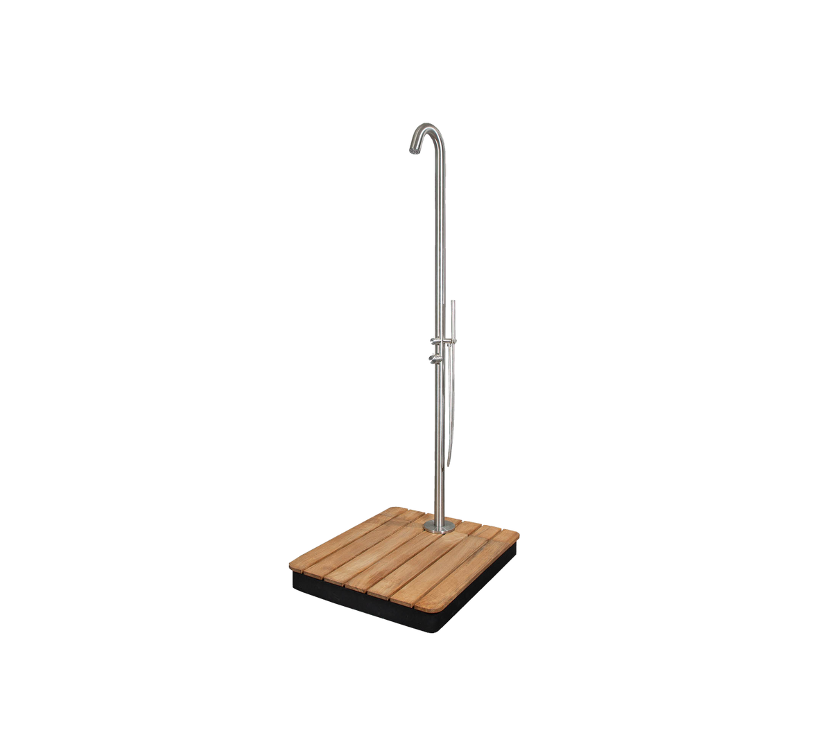 Stilren utomhusdusch med en sleek design, utrustad med en stadig bas och ett högt, böjt duschhuvud för en elegant look.