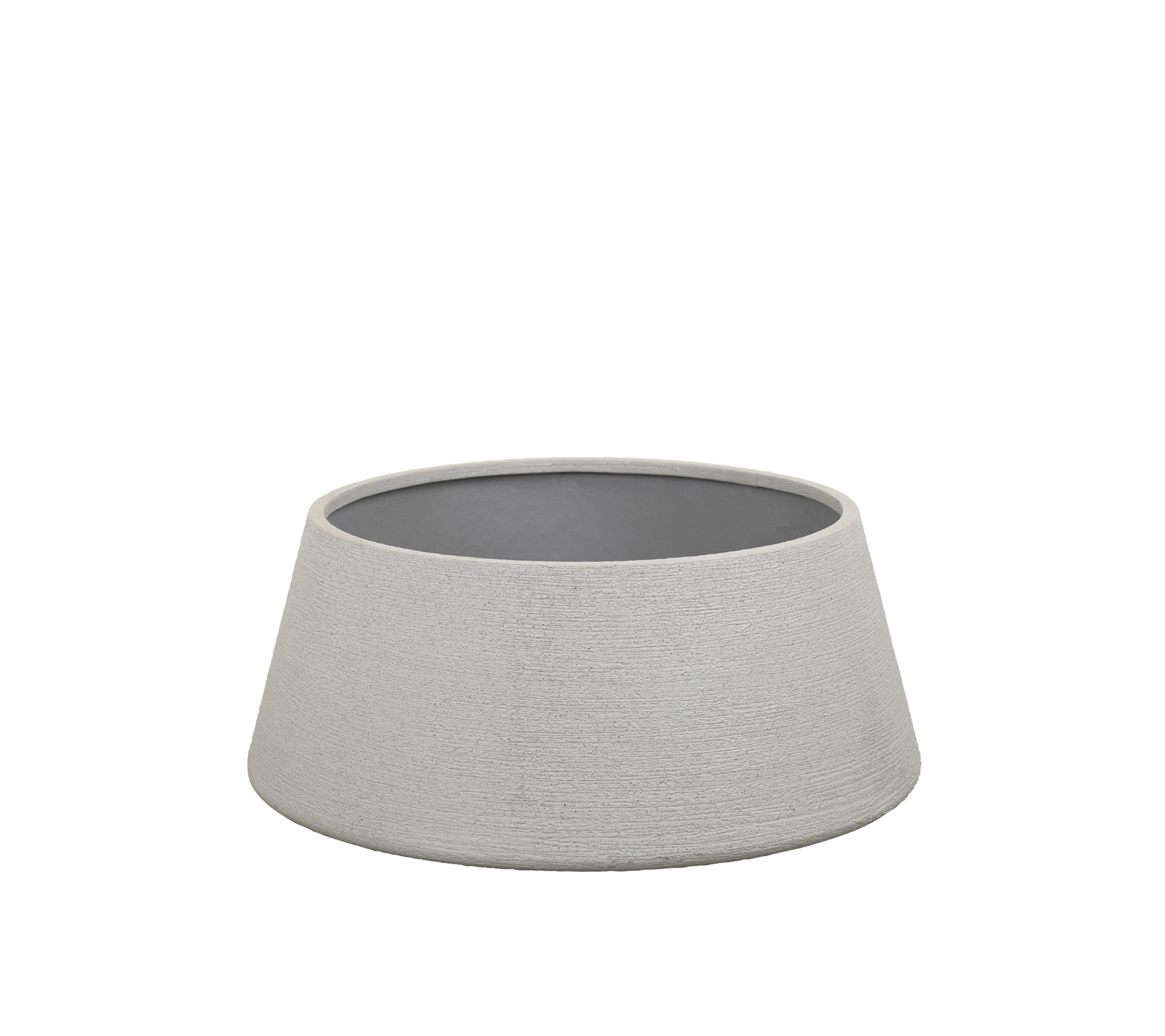 Grå skål med en strukturerad utsida och mörk insida.