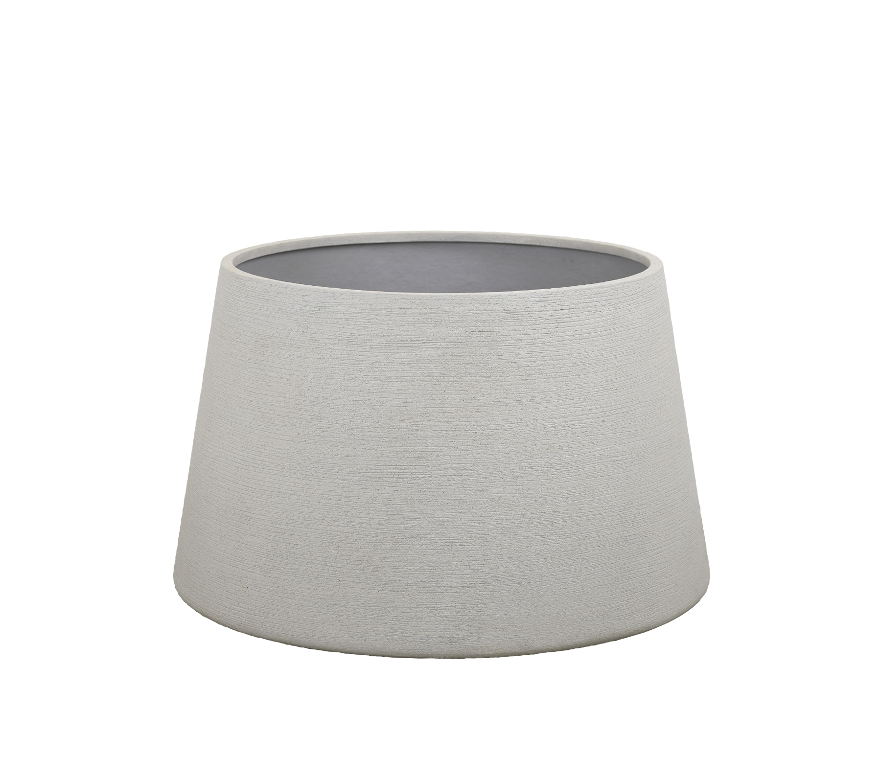 Grå kruka med modern design, med en avsmalnande form.