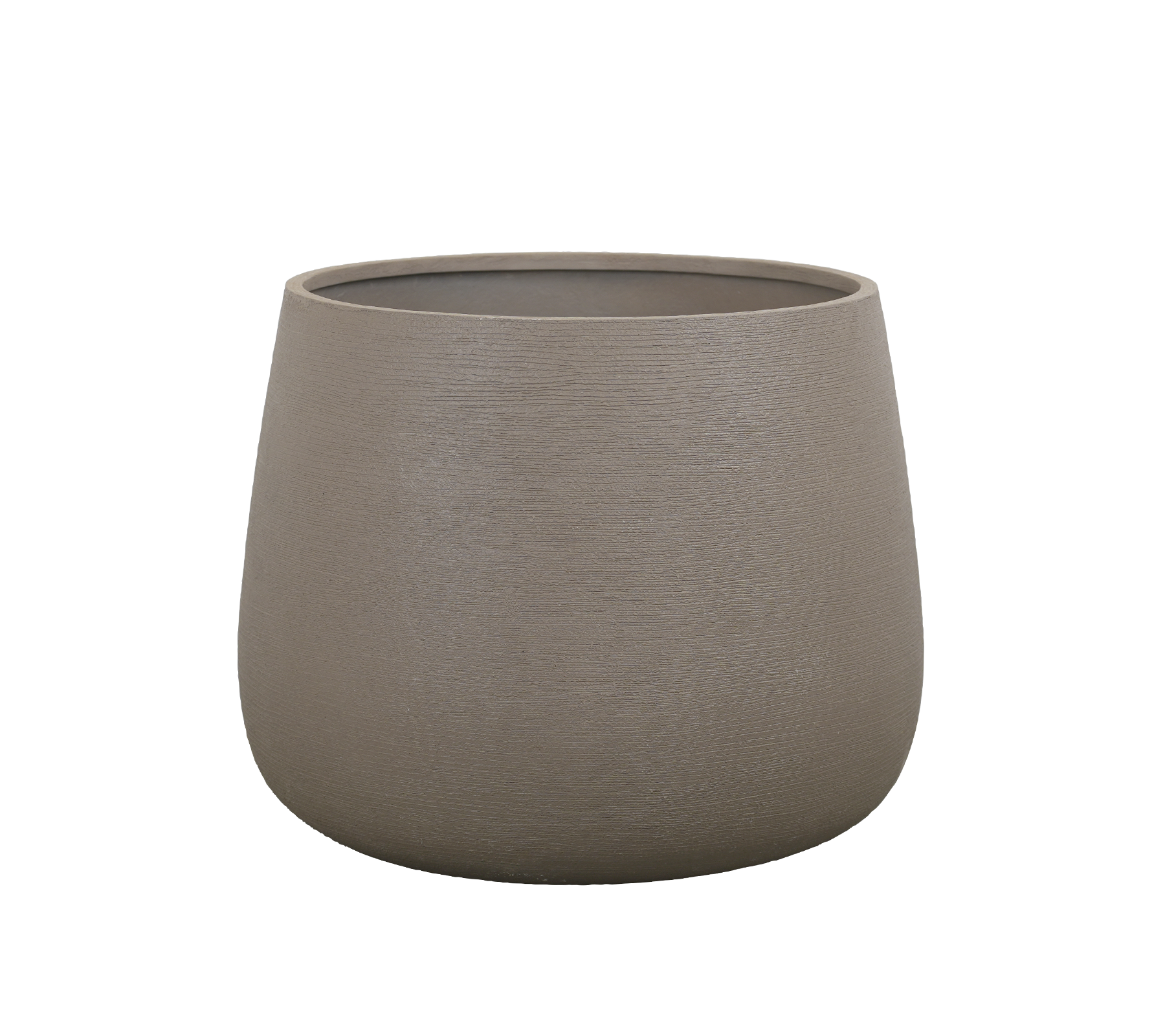 Rund taupe-blomkruka med en slät yta.