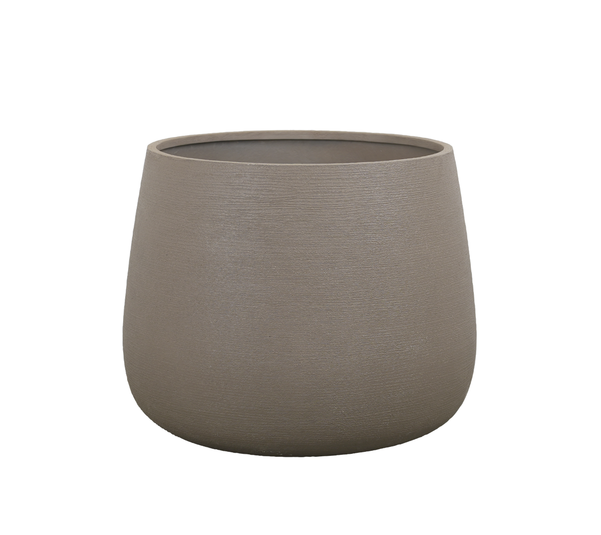 Rund taupe-blomkruka med en slät yta.