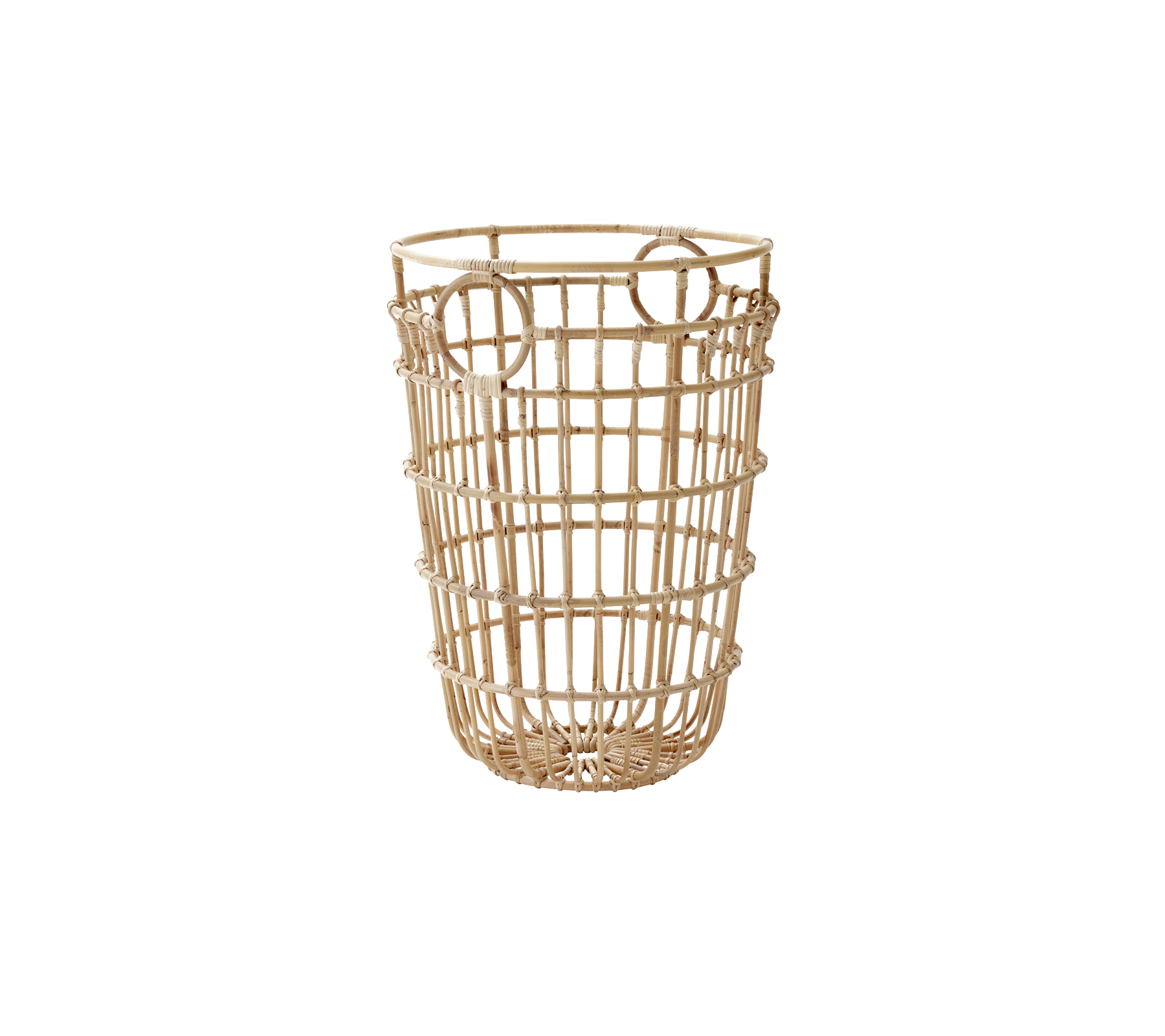 En vävd förvaringskorg av naturligt material med cylindrisk form, rutmönster och två handtag för enkel bärning.