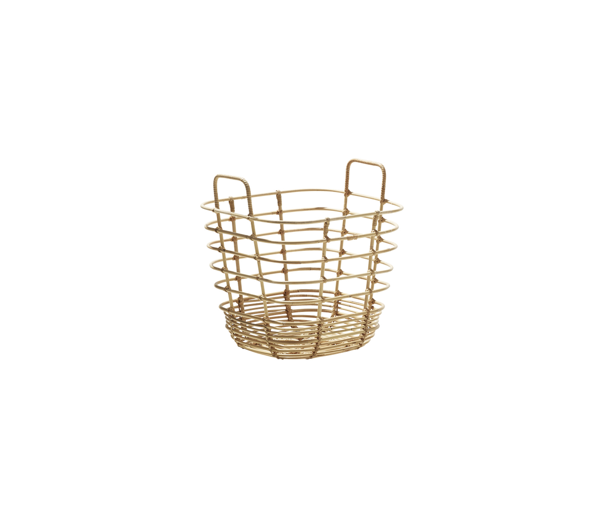 Vävd förvaringskorg med handtag, som har en cirkulär design och öppen väv för mångsidighet och stil.