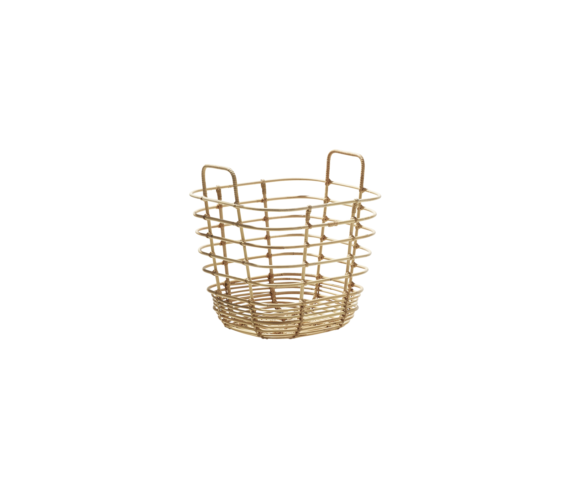 Vävd förvaringskorg med handtag, som har en cirkulär design och öppen väv för mångsidighet och stil.
