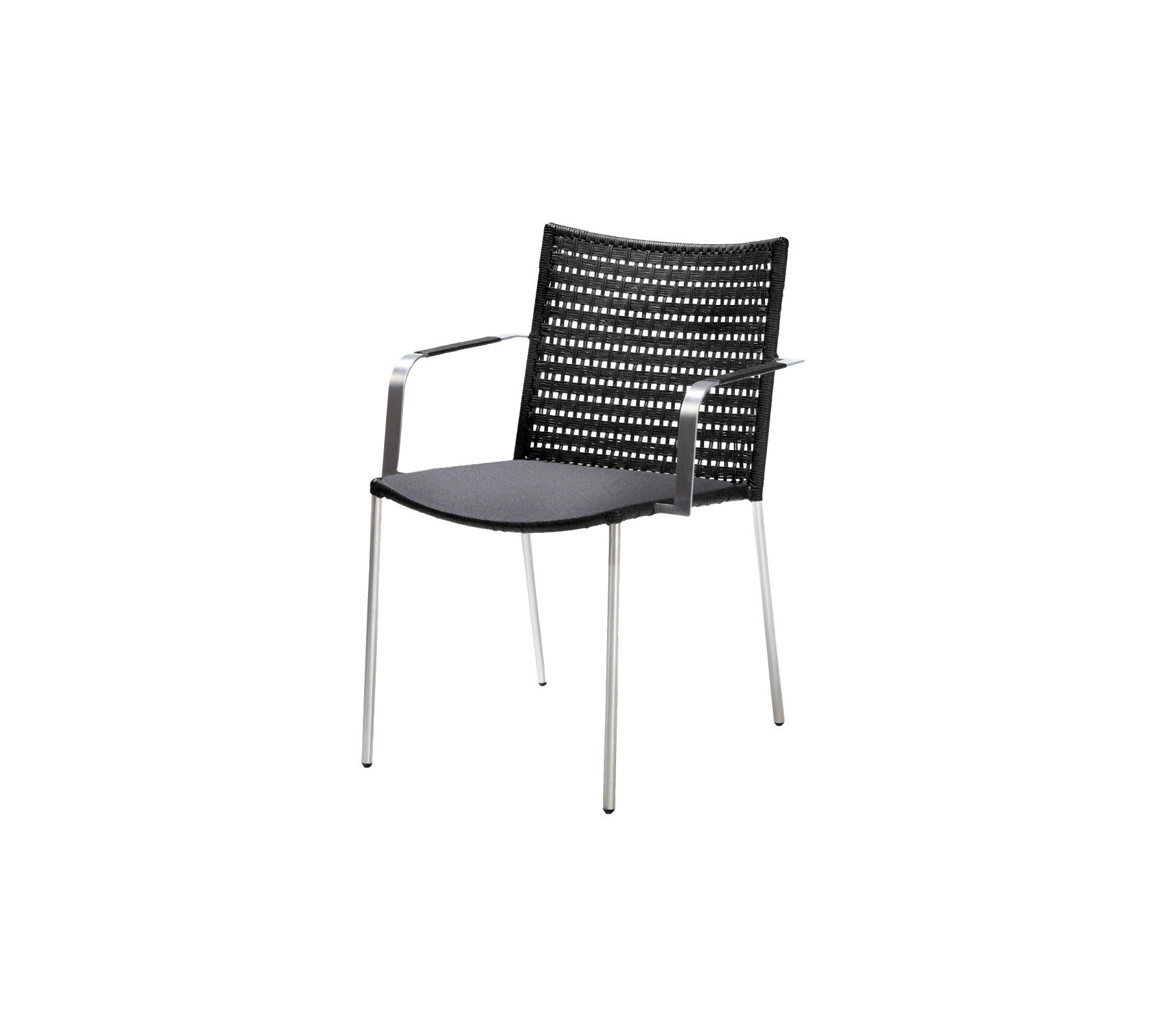 Stilfull svart stol med vävd rygg och sits, med eleganta metallben för en modern look.