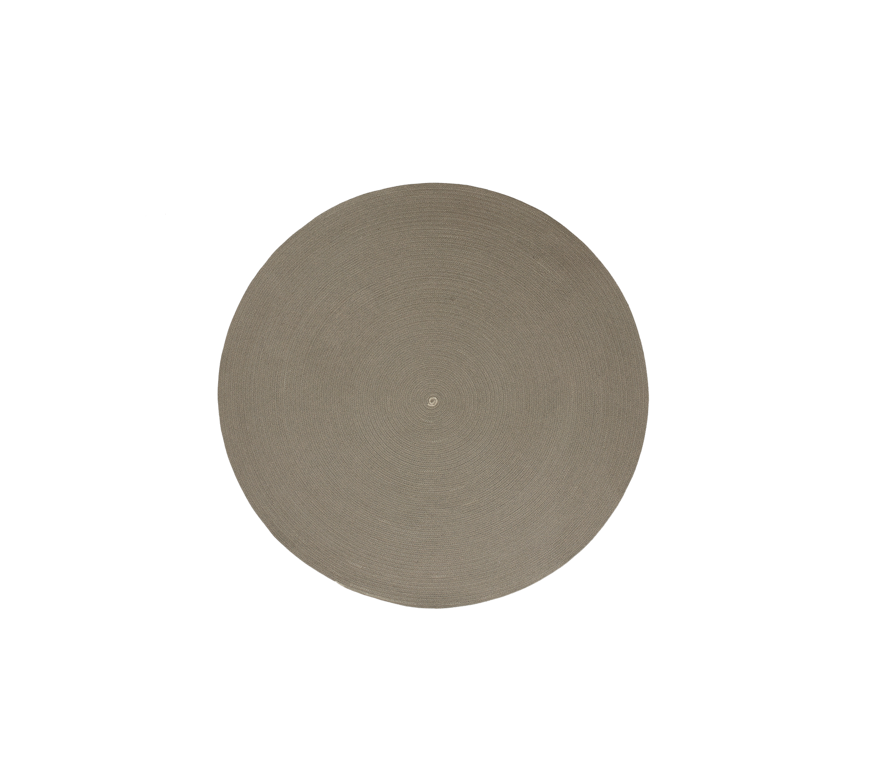 Taupe Circle utomhusmatta med en enkel och elegant platt vävdesign med ett spiralmönster, tillverkad av Cane-line Soft Rope.