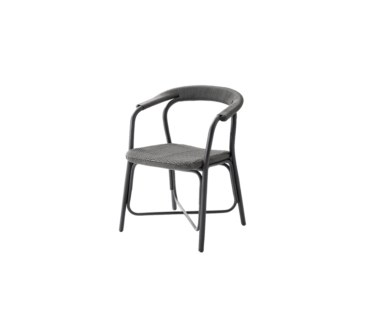 Stilfull stol med en böjd ryggstöd och armstöd, med en vävt sitsdesign och en robust ram, perfekt för moderna sittbehov.