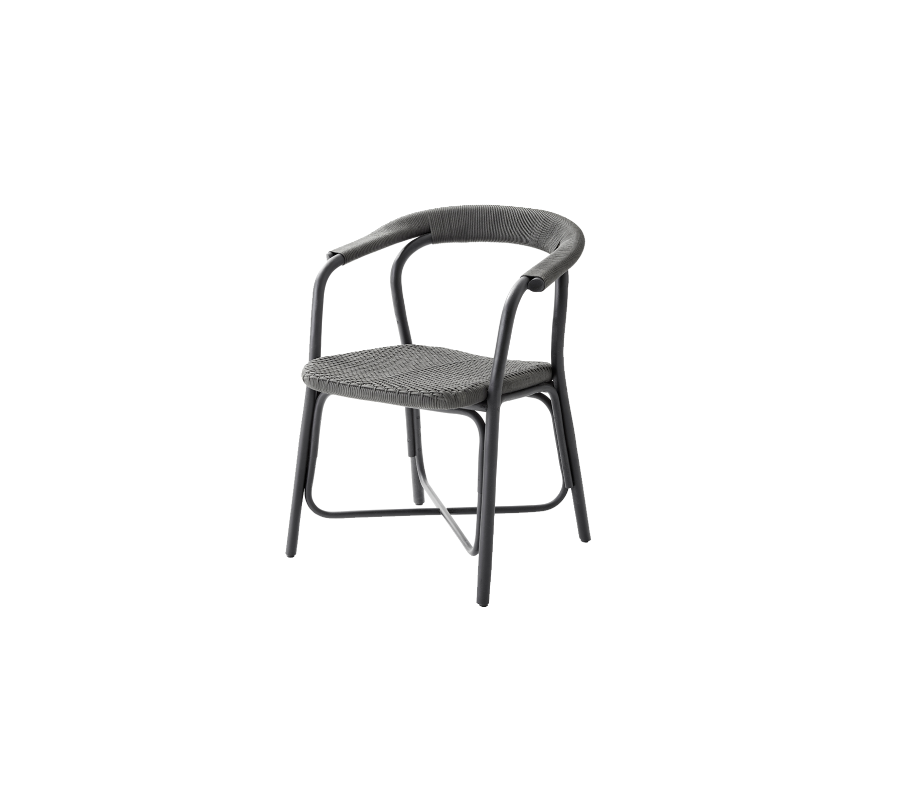 Stilfull stol med en böjd ryggstöd och armstöd, med en vävt sitsdesign och en robust ram, perfekt för moderna sittbehov.