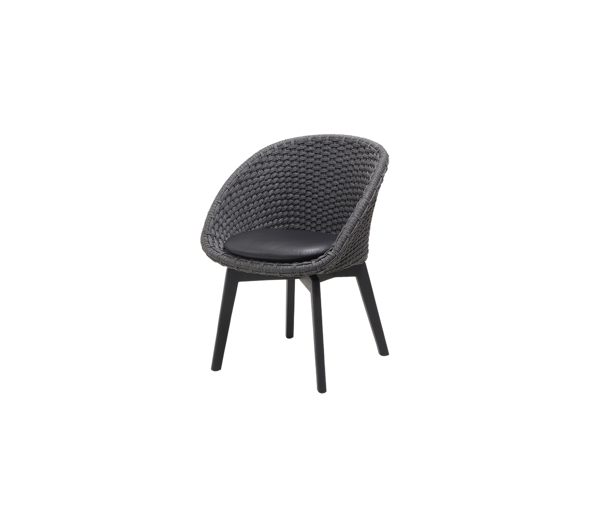 Stilig stol med en rund vävd sits och svart vadderad yta, stödd av eleganta ben för modern sittning.