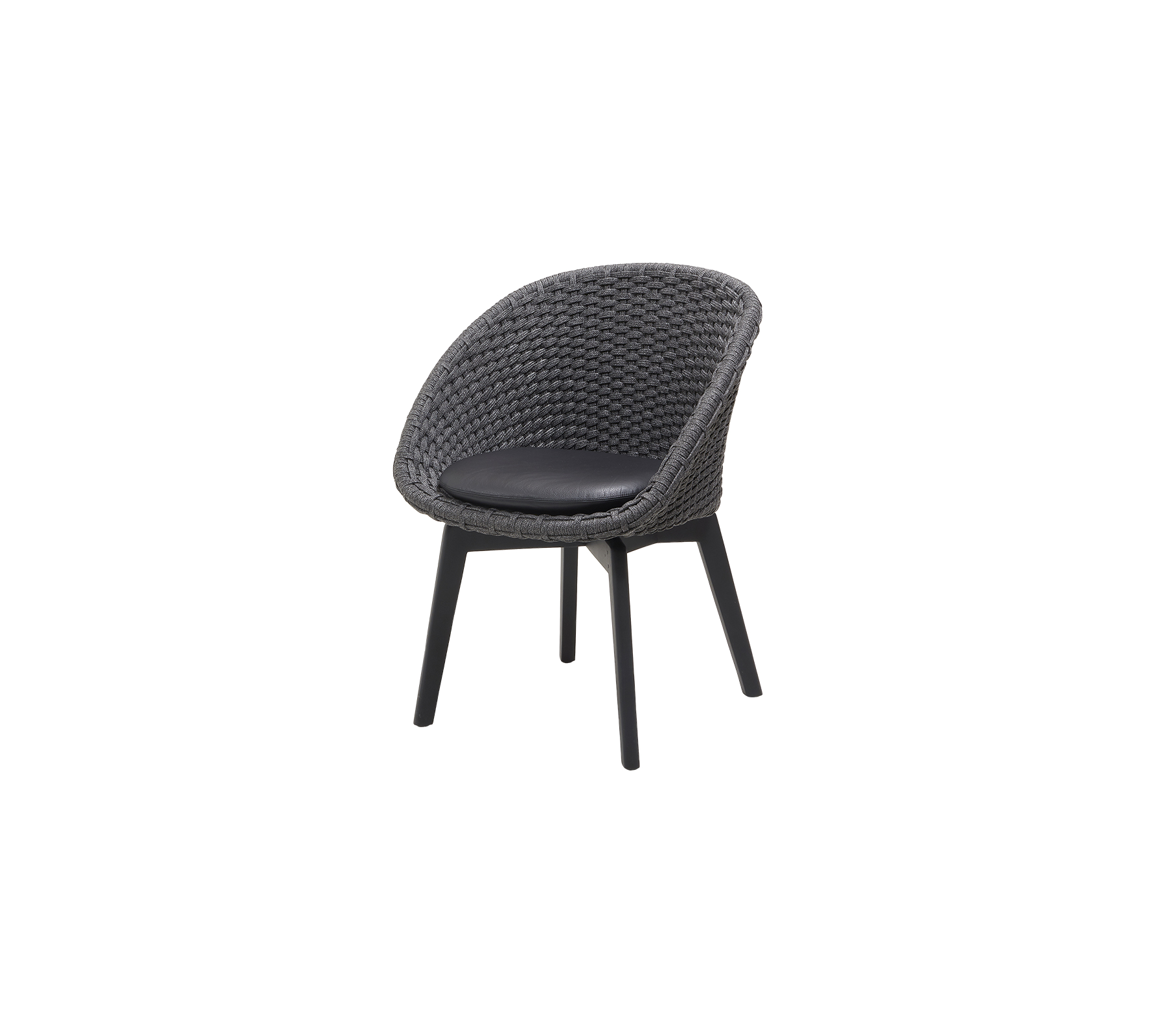 Stilig stol med en rund vävd sits och svart vadderad yta, stödd av eleganta ben för modern sittning.