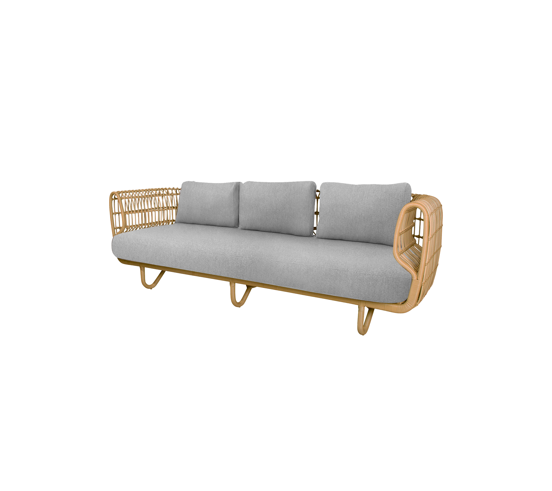 Stilig soffa med en ram i naturligt trä och mjuka grå kuddar, perfekt för att tillföra komfort och elegans till vilket rum som helst.