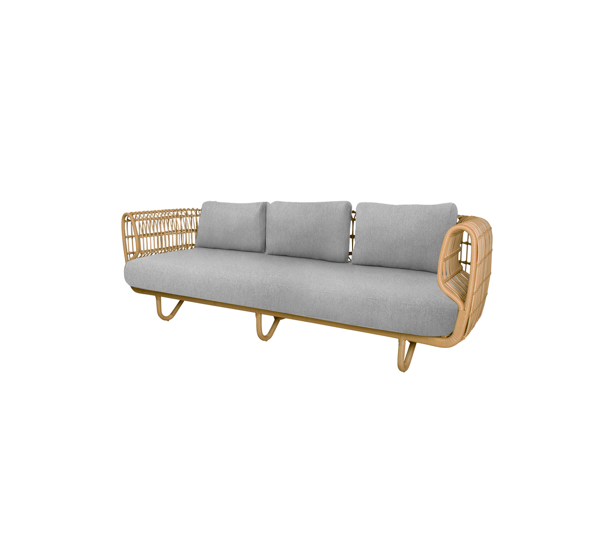 Stilig soffa med en ram i naturligt trä och mjuka grå kuddar, perfekt för att tillföra komfort och elegans till vilket rum som helst.
