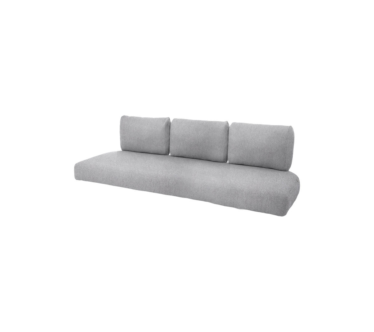 Nutida grå soffa med tre plyschiga ryggkuddar, som erbjuder en slank och minimalistisk design för modern inredning.
