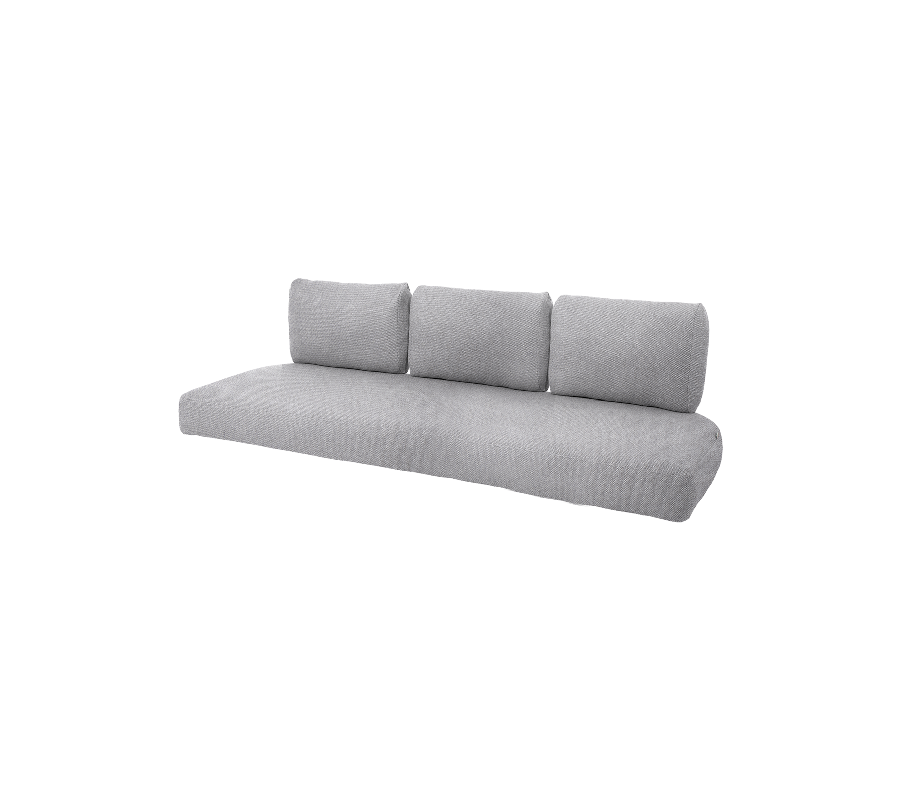 Nutida grå soffa med tre plyschiga ryggkuddar, som erbjuder en slank och minimalistisk design för modern inredning.