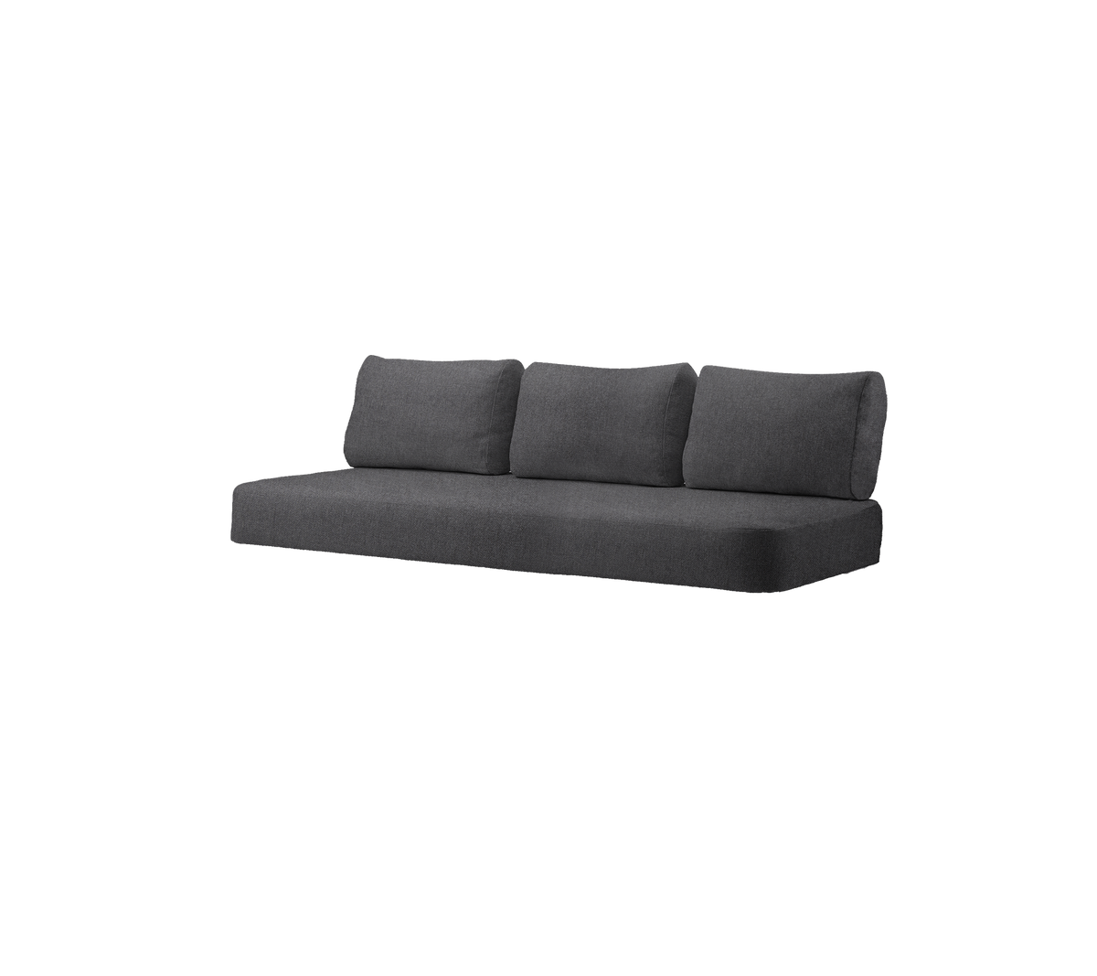 Modern mörkgrå soffa med tre kuddar, designad för moderna levnadsutrymmen. Komfort och stil i förening.