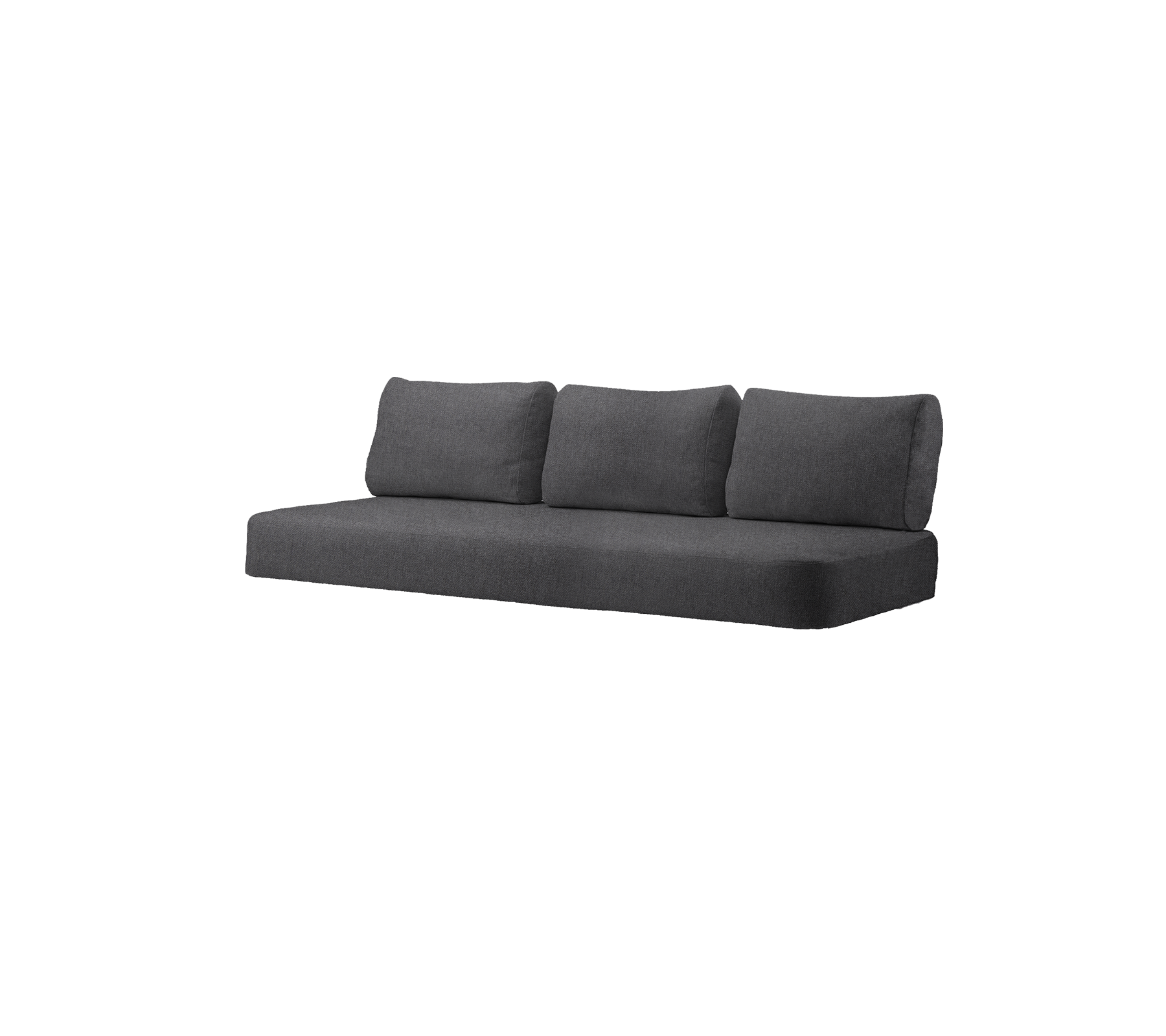 Modern mörkgrå soffa med tre kuddar, designad för moderna levnadsutrymmen. Komfort och stil i förening.