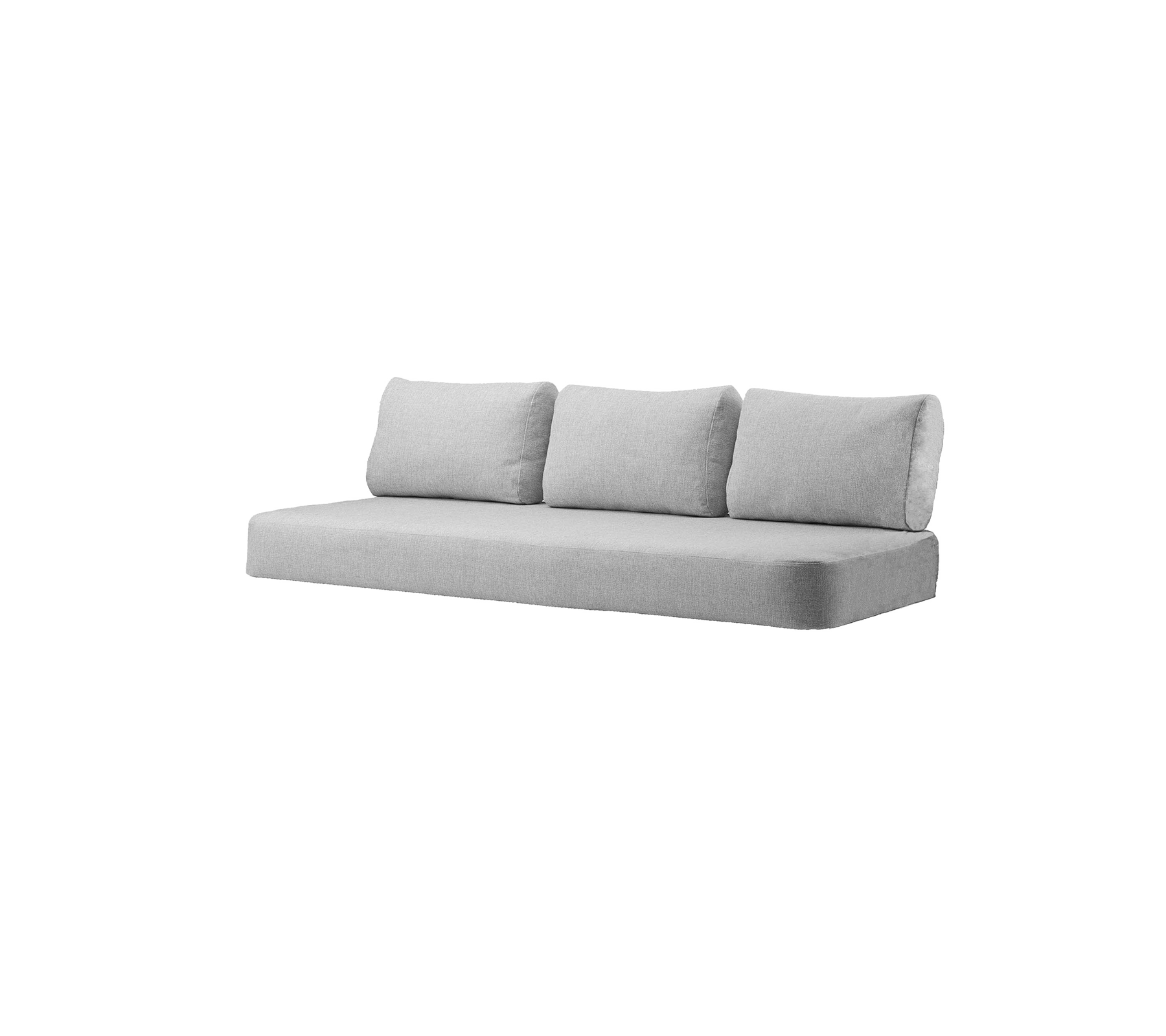 Ljusgrå soffa med tre mjuka kuddar, med en minimalistisk design som passar för olika inredningsstilar.
