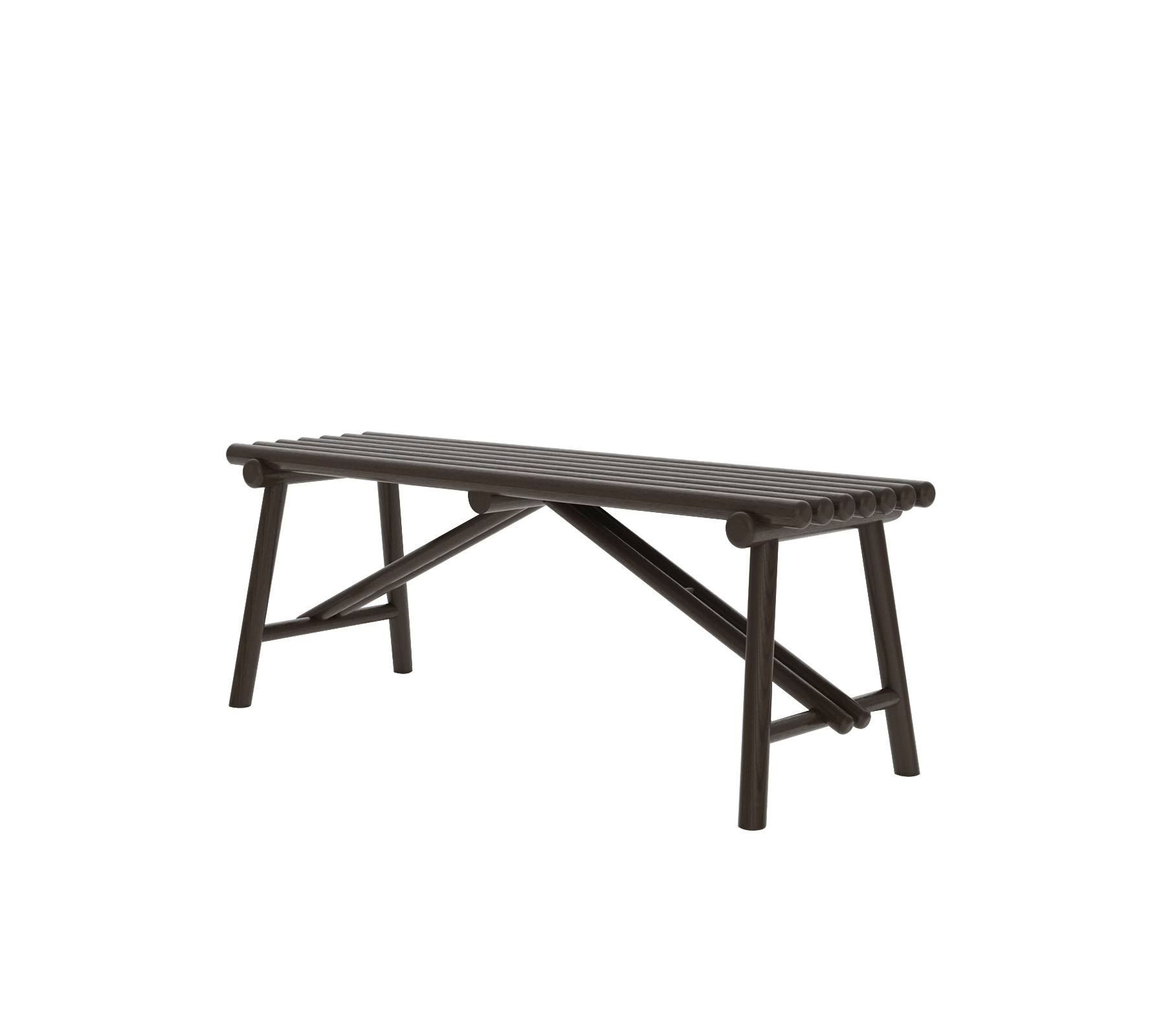 En enkel, mörkbrun trädsoffa med en stabil design, med en spaltad topp och vinklade ben.