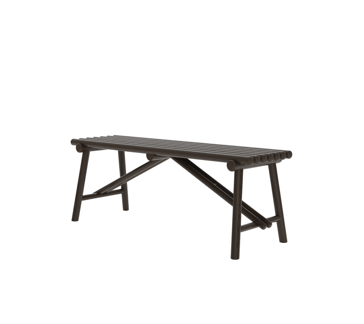 En enkel, mörkbrun trädsoffa med en stabil design, med en spaltad topp och vinklade ben.
