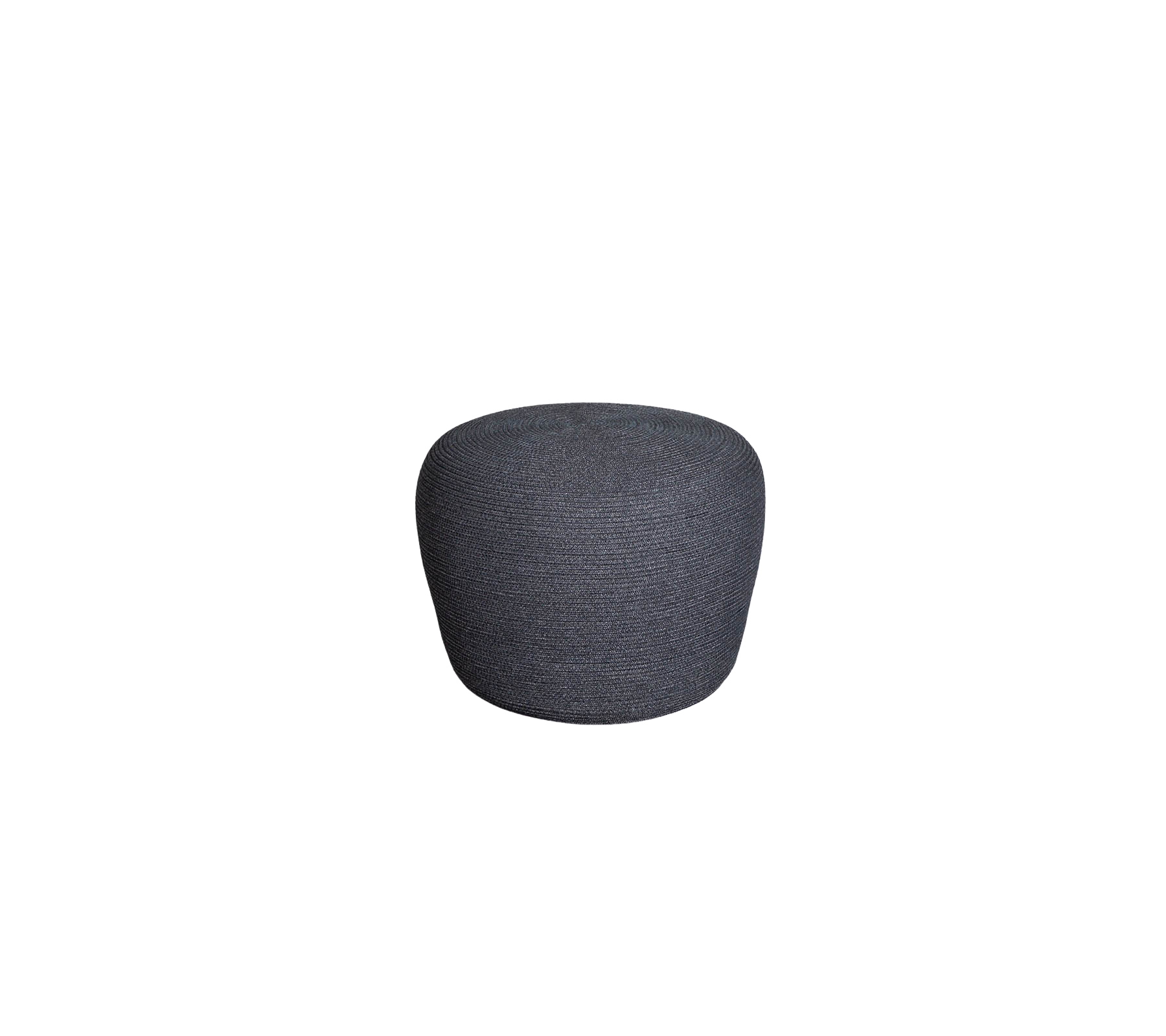 Rund, klädd pouf i ett mörkgrått tyg, designad för mångsidig sittplats eller för att accentuera inredningen.