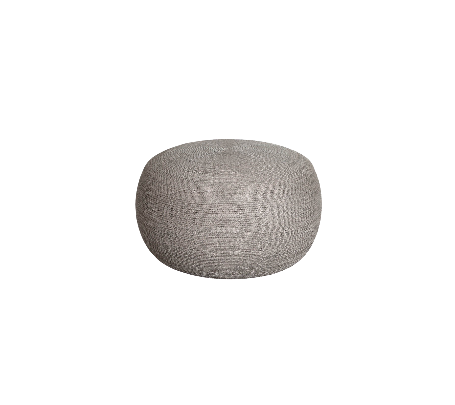 Rund, texturerad pouf i en mjuk grå färg, perfekt som accentstol eller som ett dekorativt inslag i olika utrymmen.